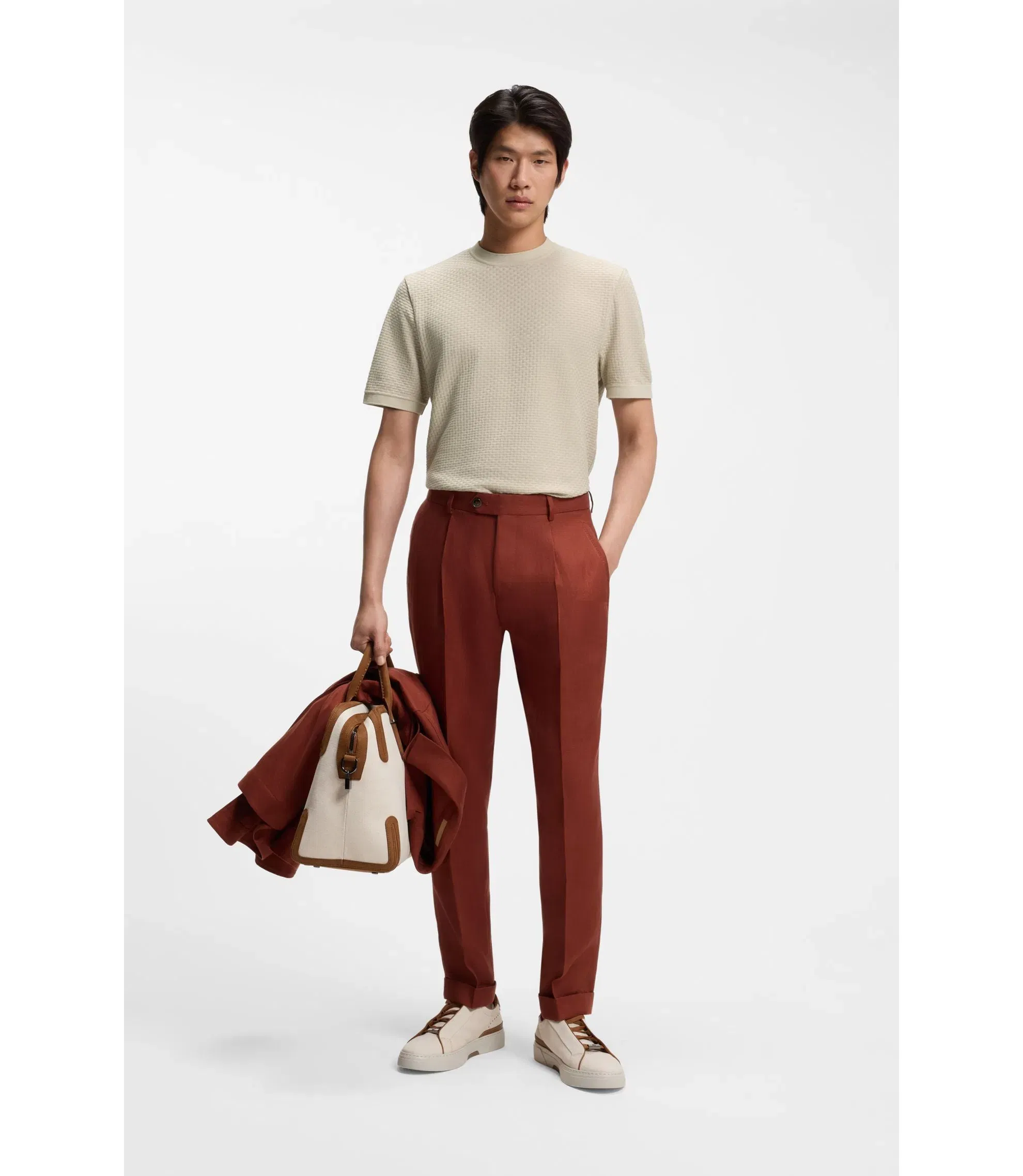 Boss Basket Weave T-Shirt In Mercerised Cotton Khaki