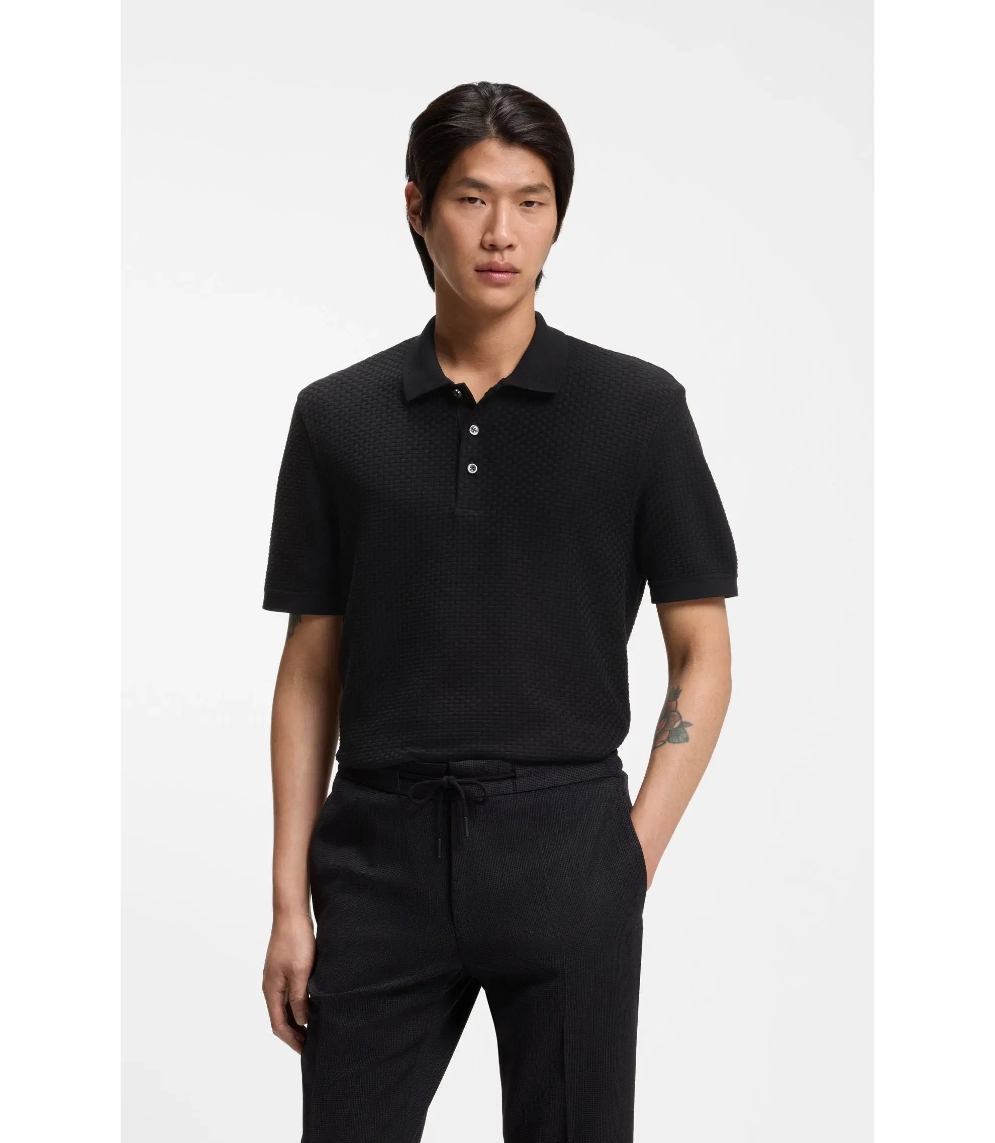 Boss Basket Weave Polo Shirt In Cotton Black