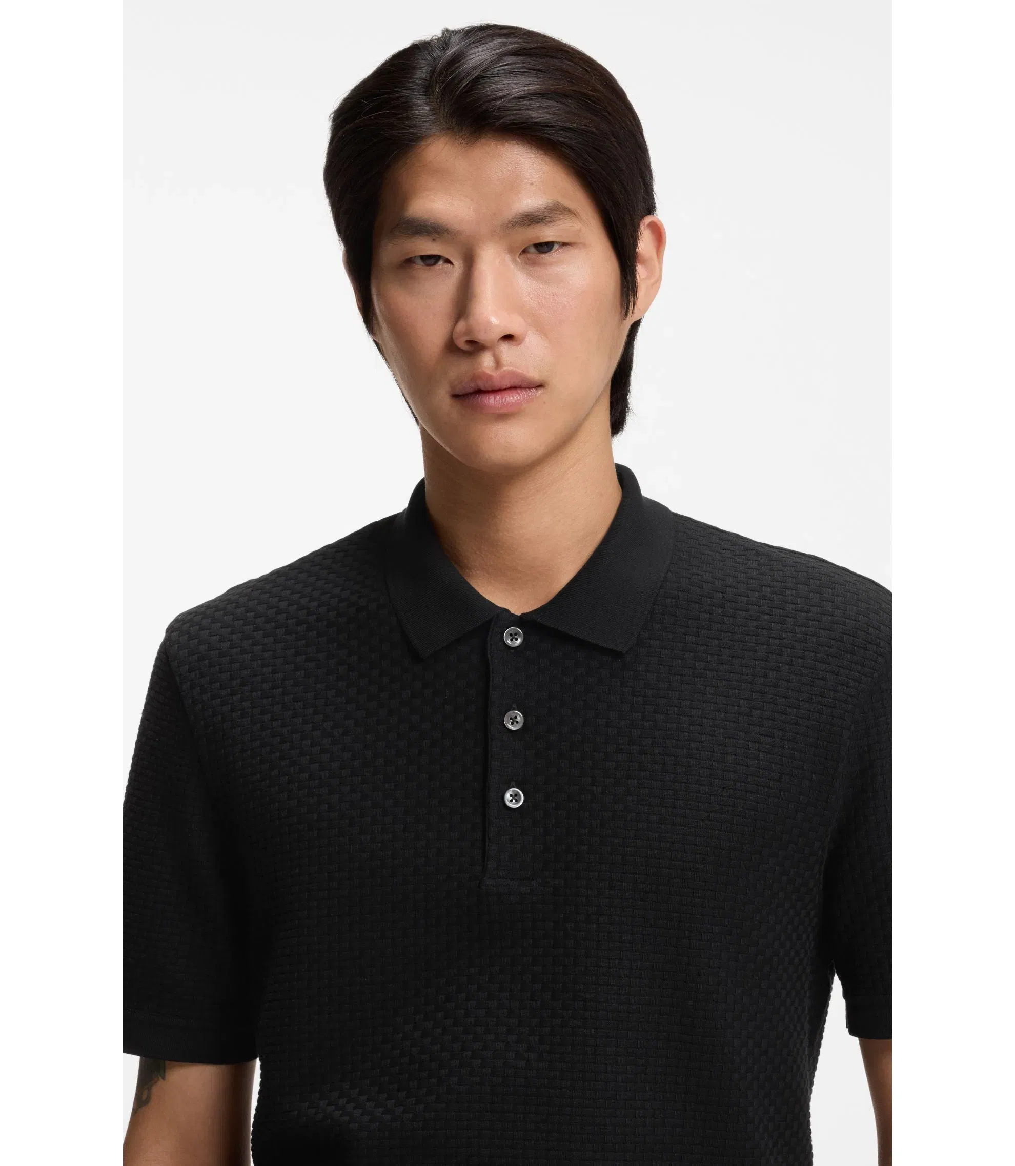 Boss Basket Weave Polo Shirt In Cotton Black