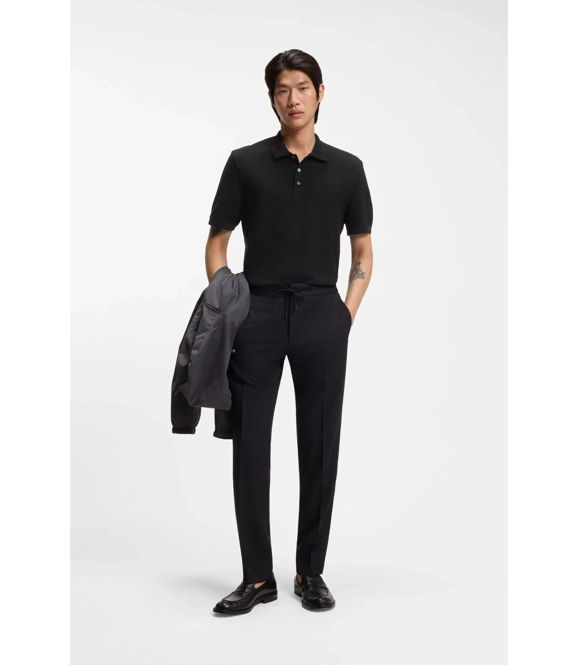 Boss Basket Weave Polo Shirt In Cotton Black