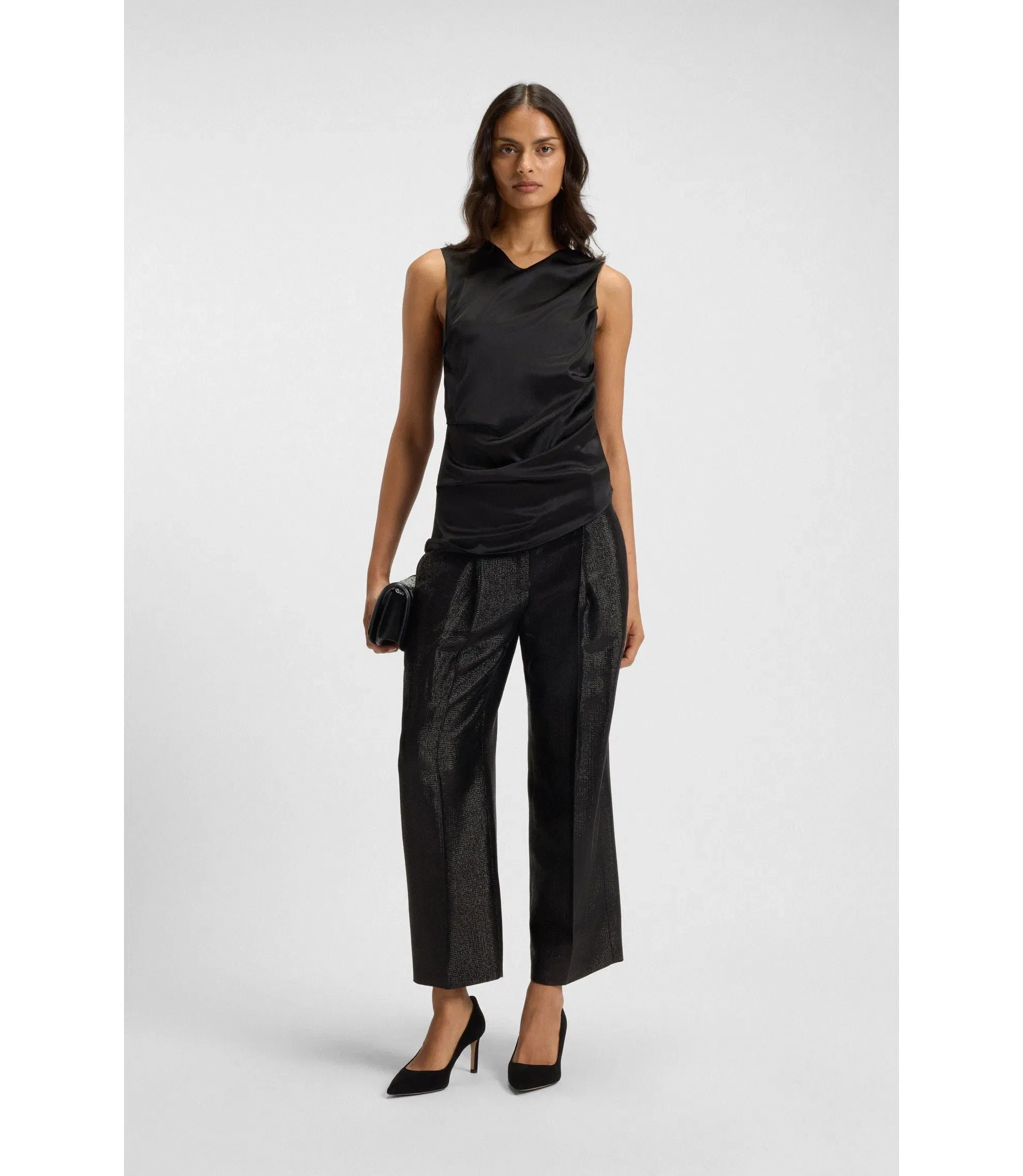 Boss Asymmetric Hem Top With Stretch Silk Front Black Women's