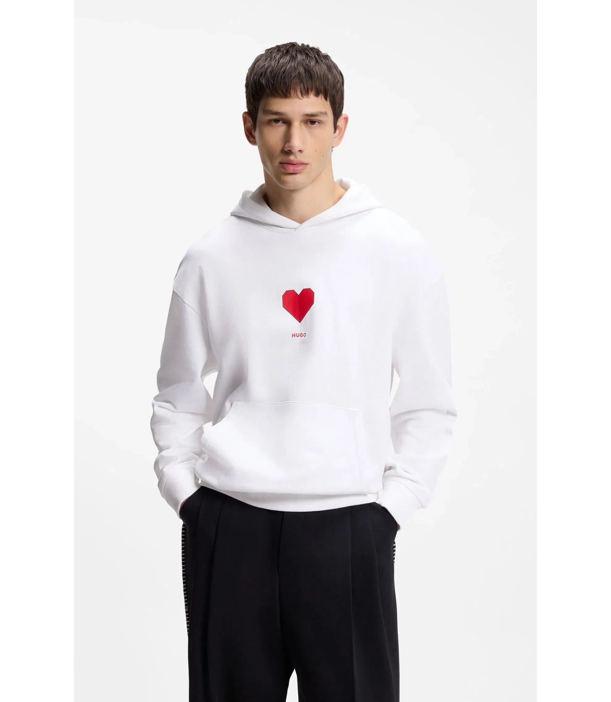 Hugo All Gender Cotton Terry Hoodie With Origami Heart Artwork White