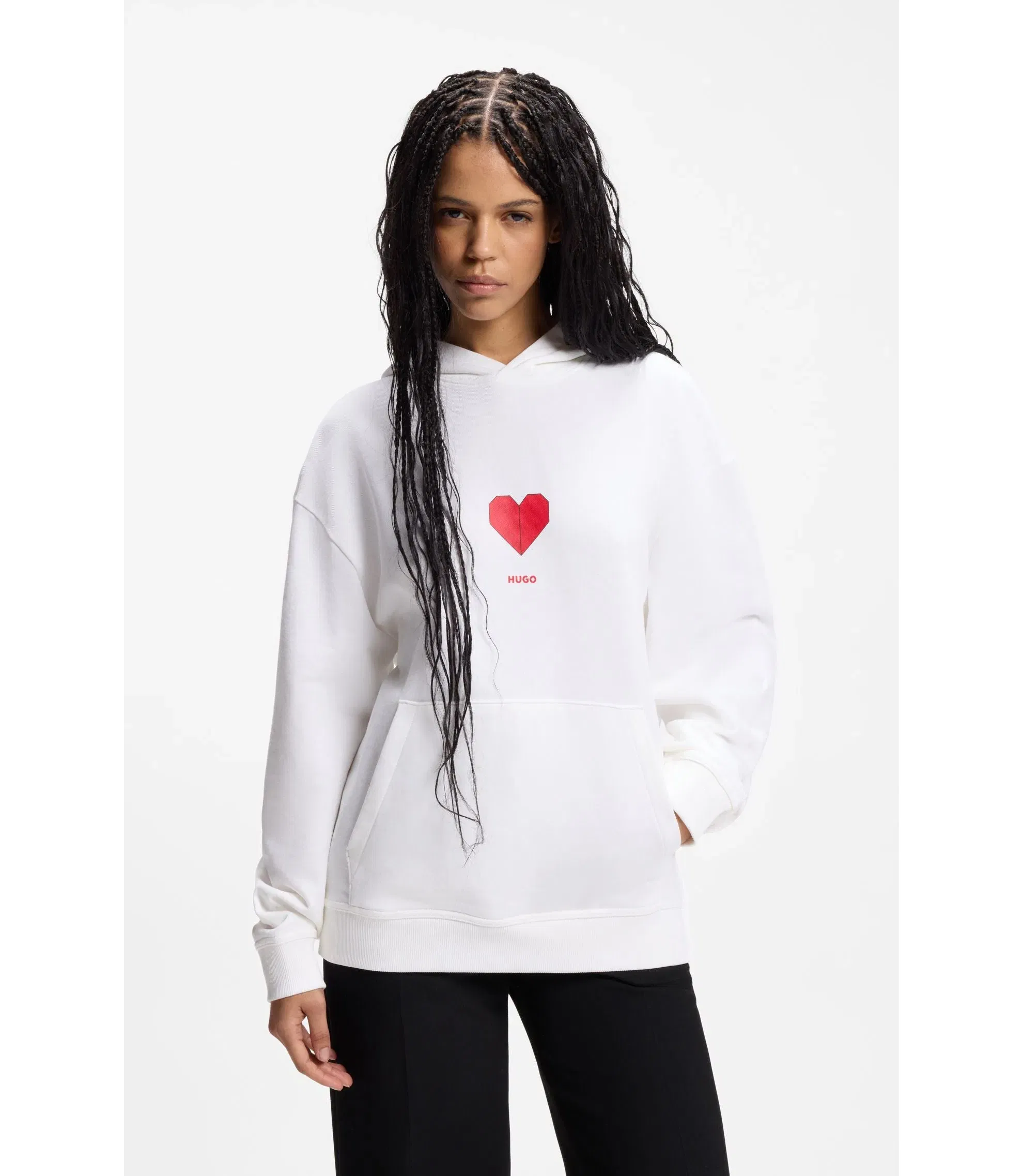 Hugo All Gender Cotton Terry Hoodie With Origami Heart Artwork White