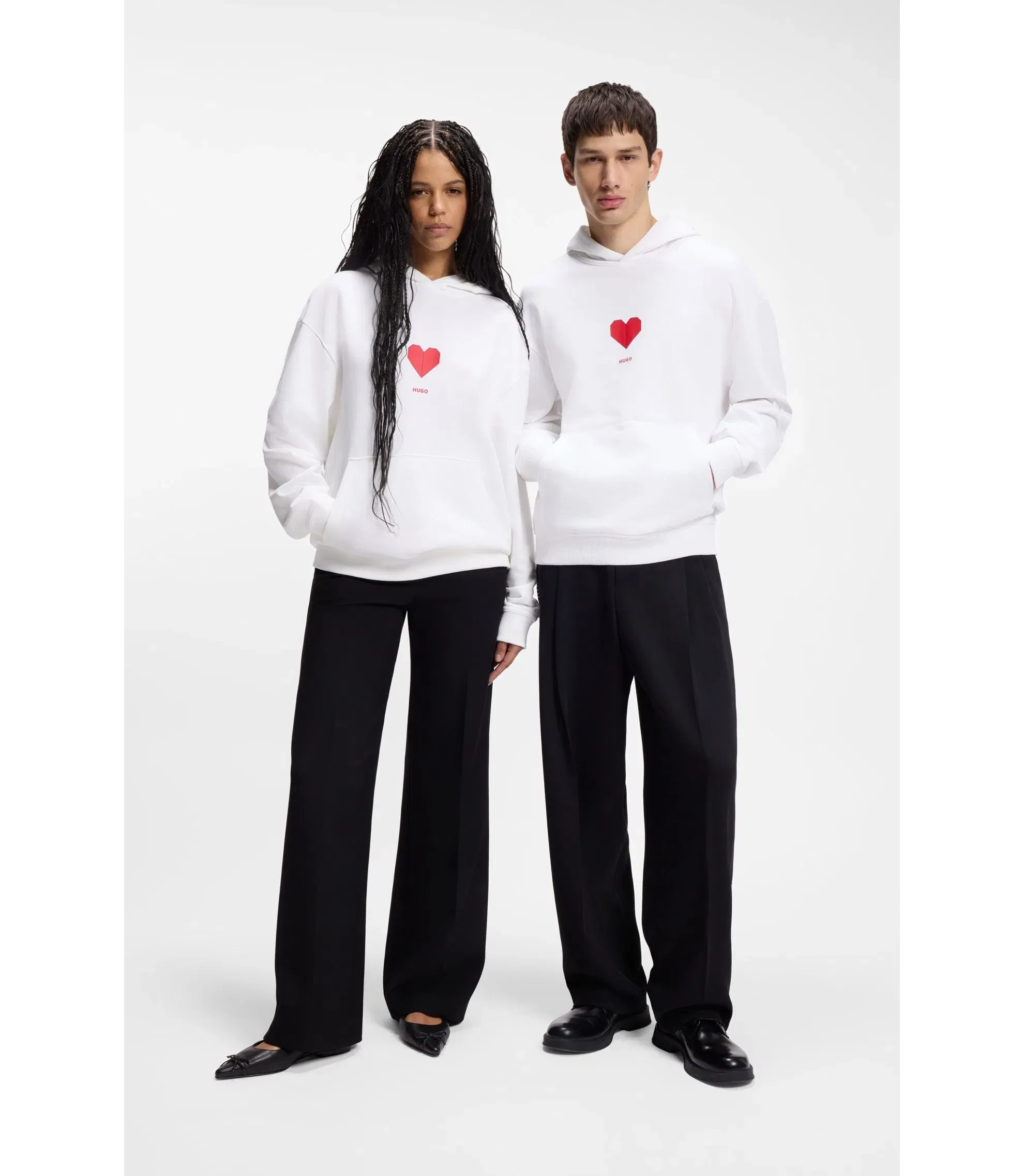 Hugo All Gender Cotton Terry Hoodie With Origami Heart Artwork White