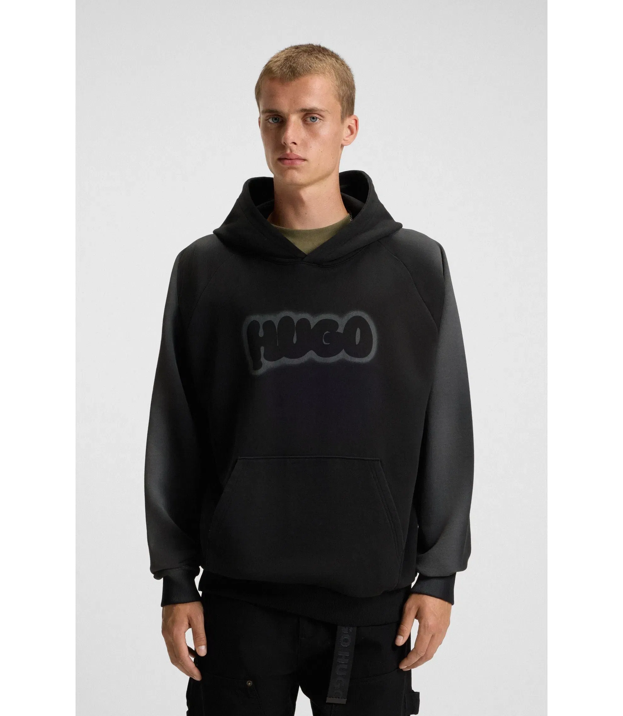 Hugo Airbrush Logo Hoodie In Cotton Terry Black