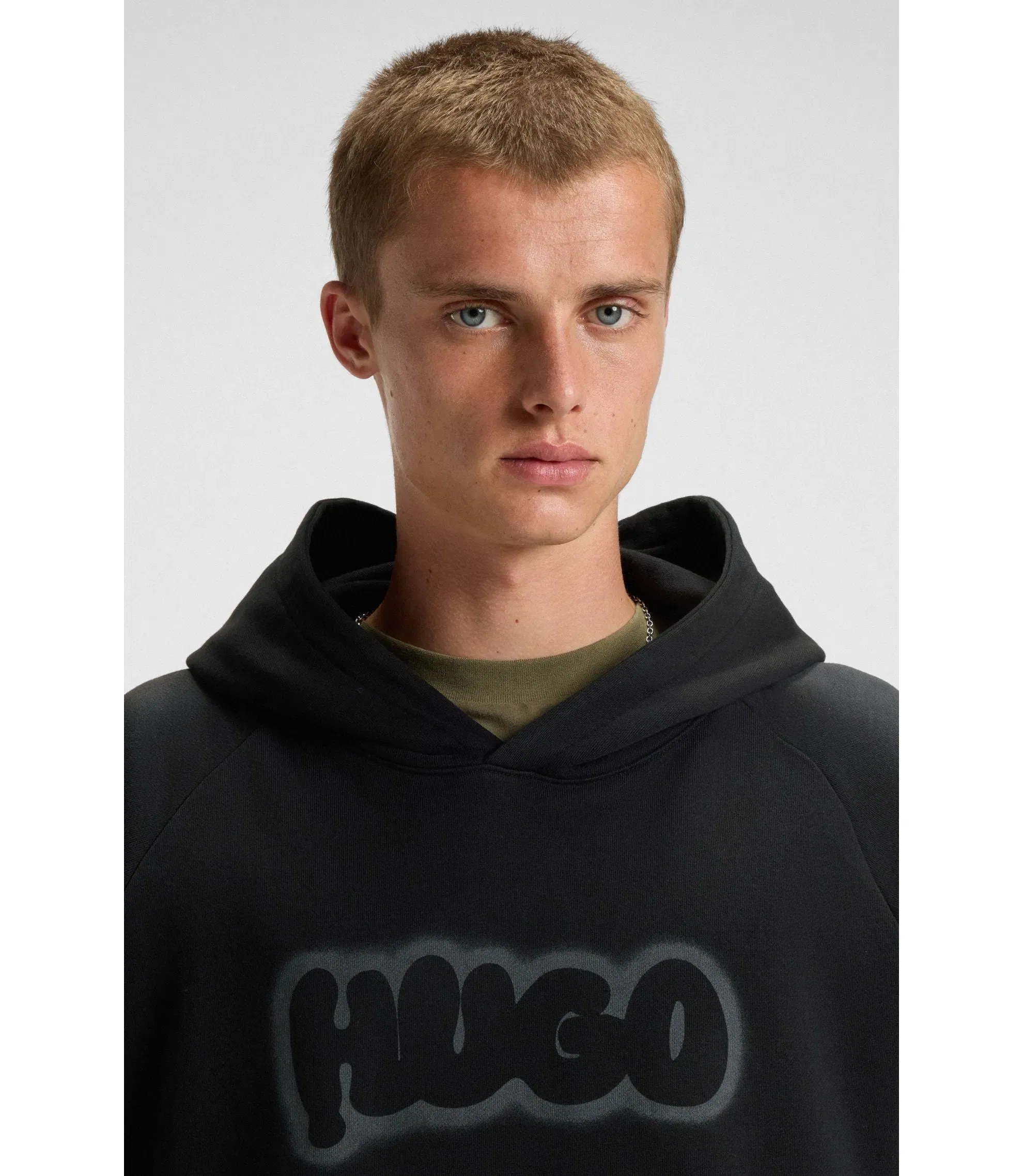 Hugo Airbrush Logo Hoodie In Cotton Terry Black