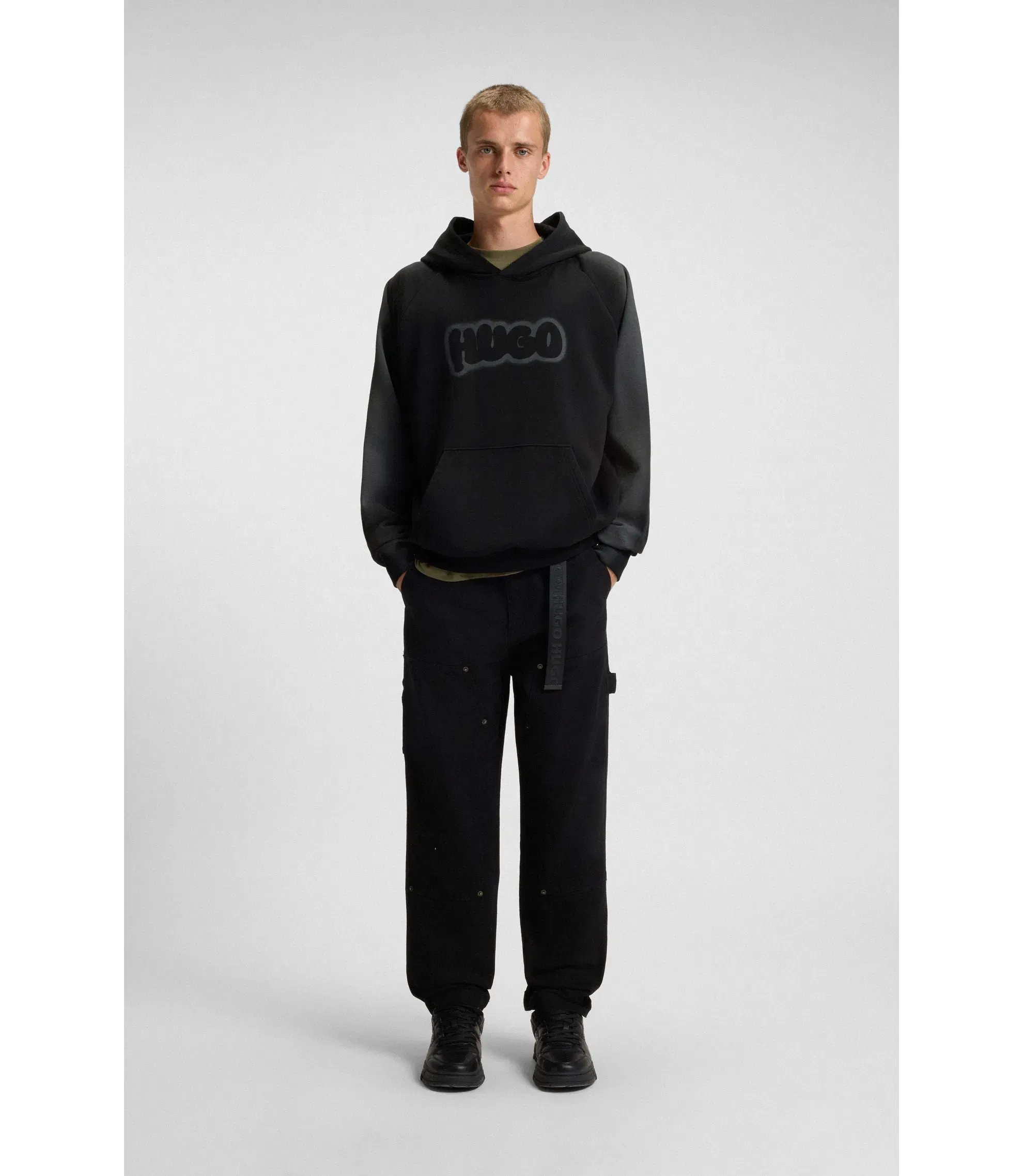 Hugo Airbrush Logo Hoodie In Cotton Terry Black