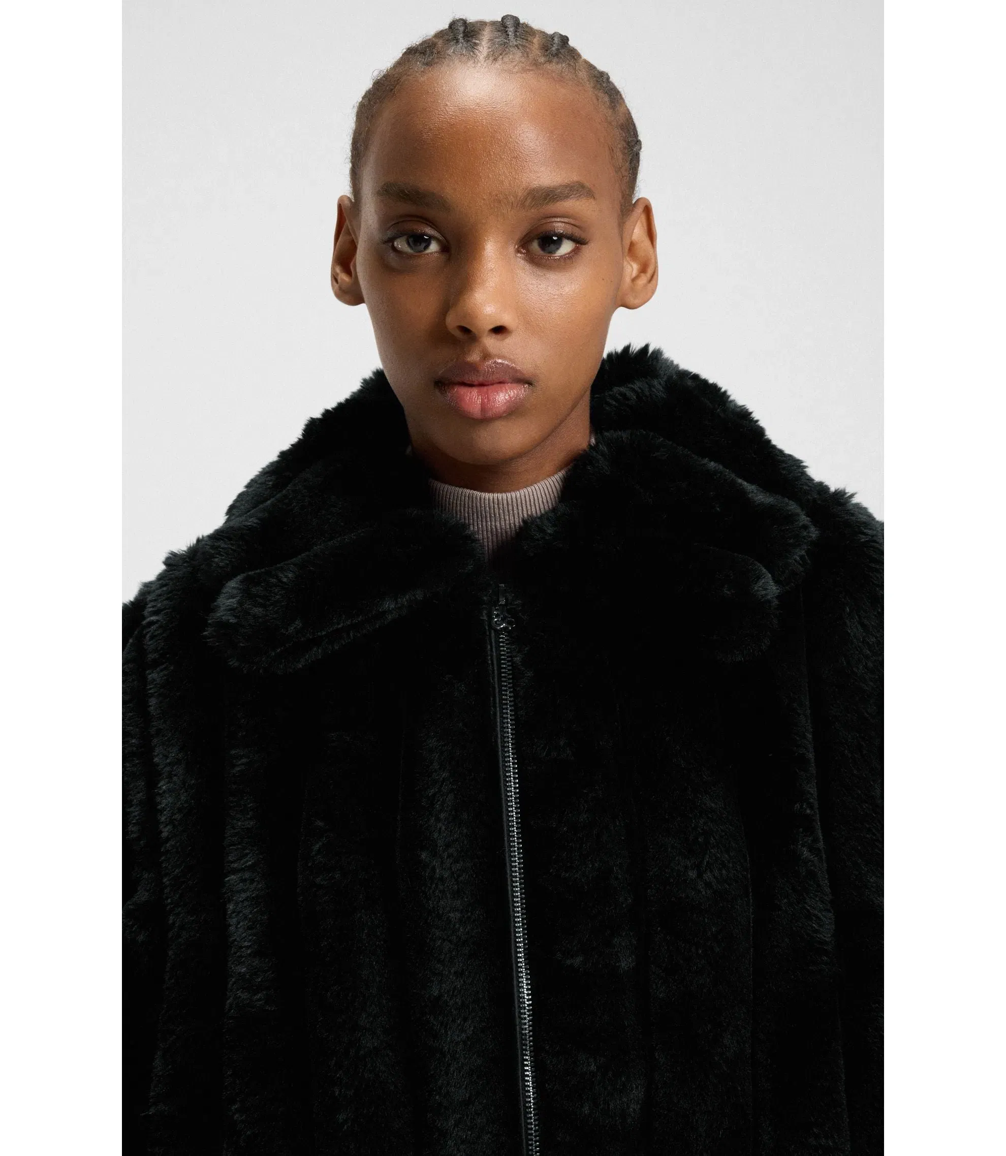 Hugo Adjustable Hem Jacket In Faux Fur Black Women's