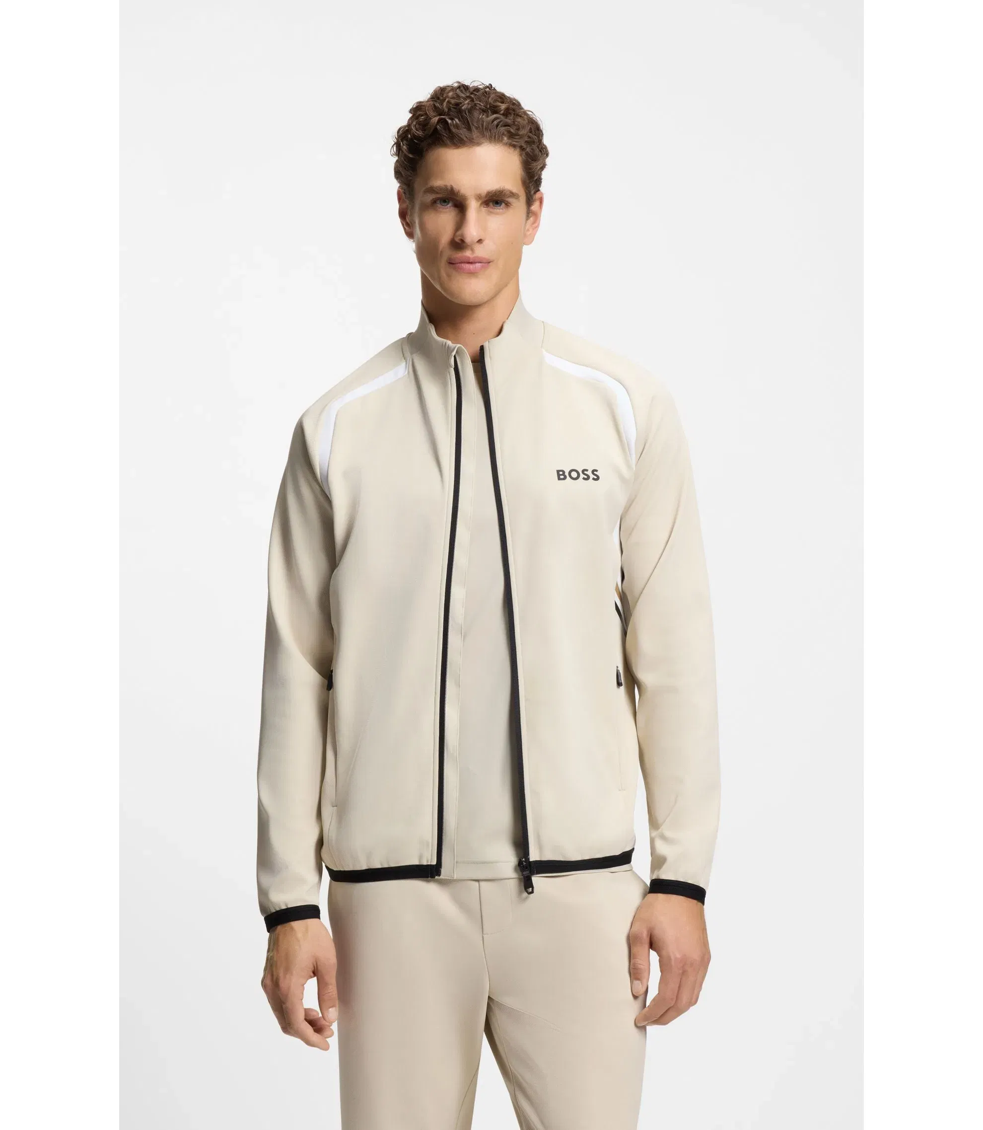 Boss Active Zip Up Sweatshirt In Stretch Gabardine Light Beige