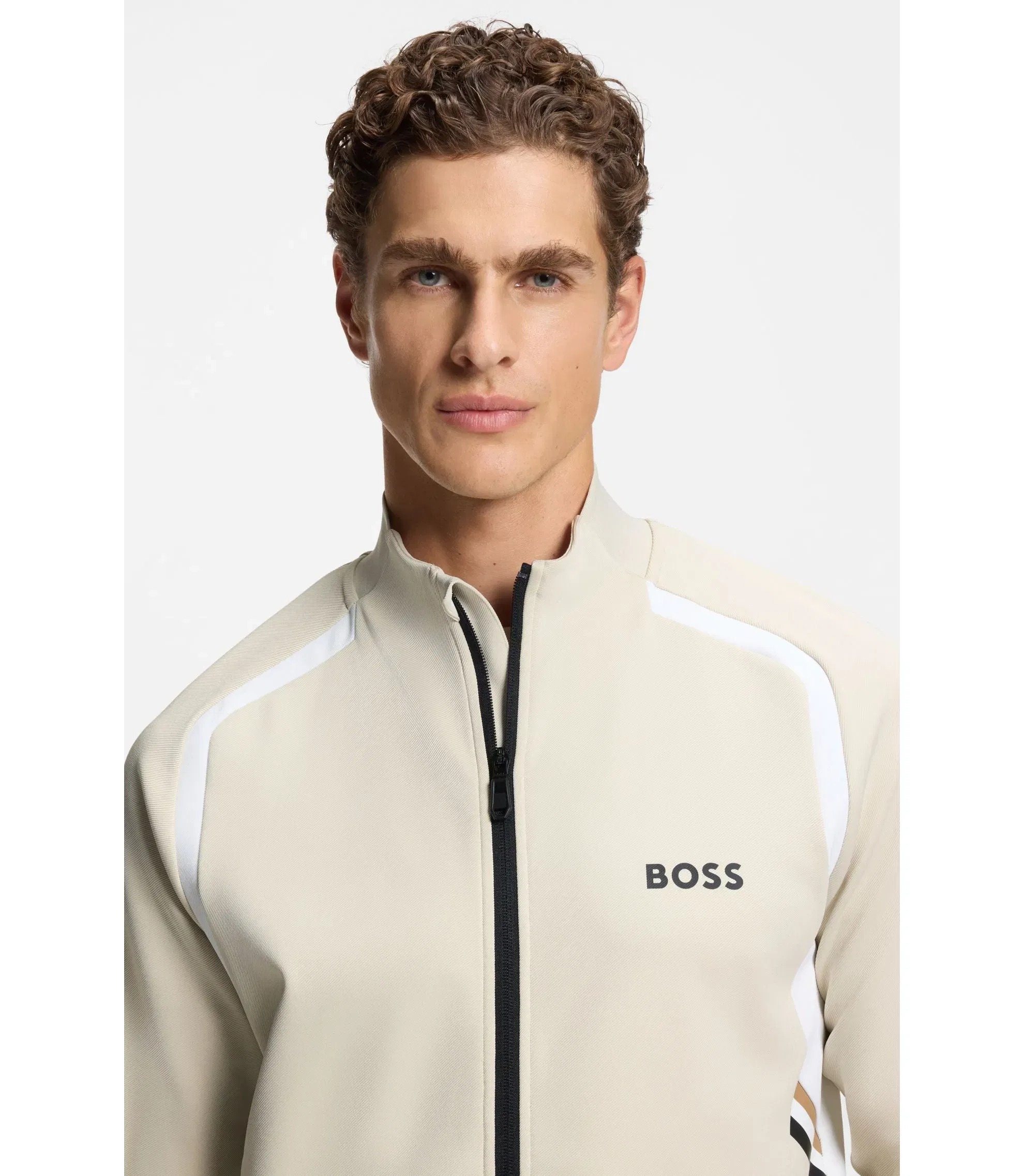 Boss Active Zip Up Sweatshirt In Stretch Gabardine Light Beige