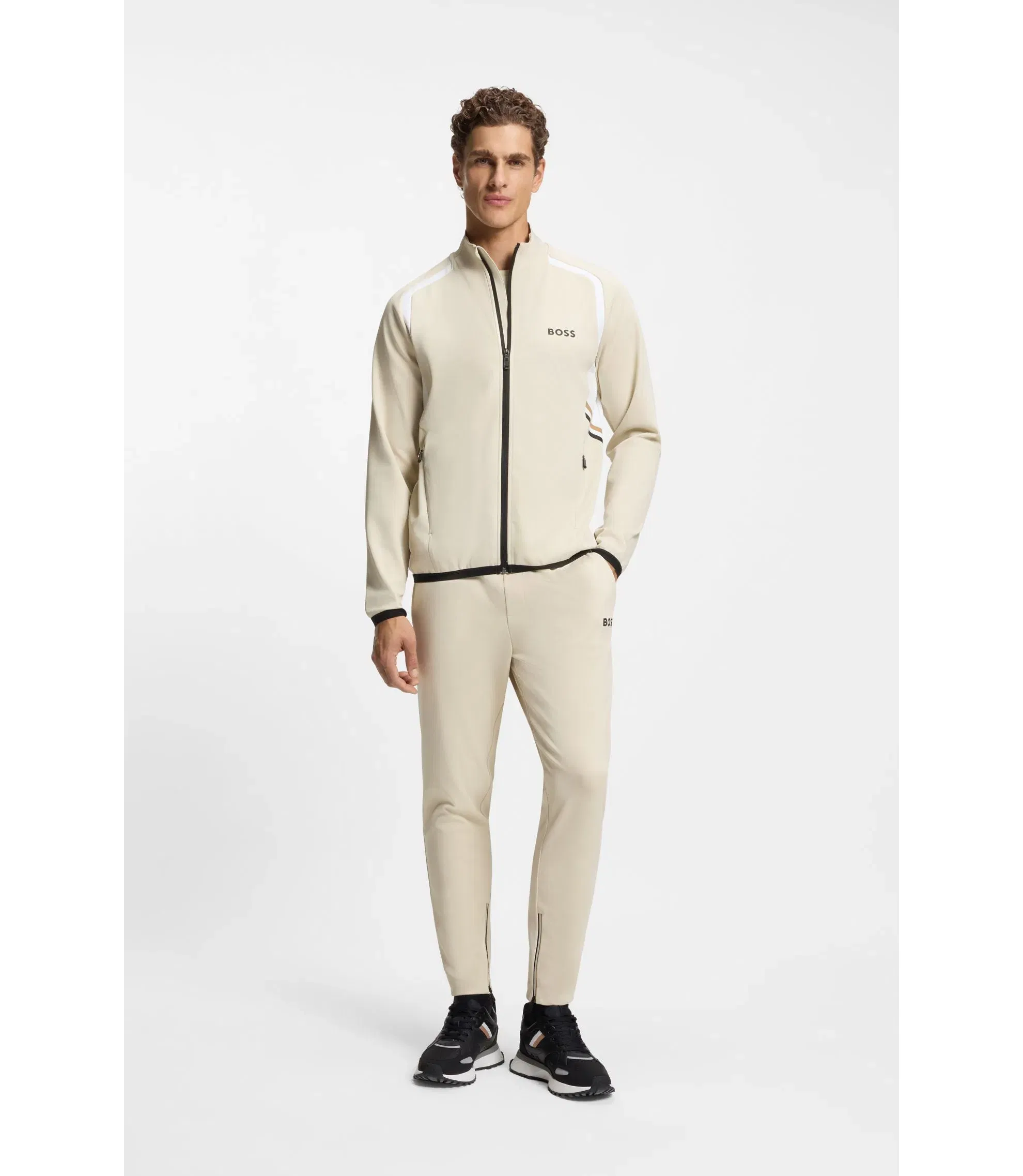 Boss Active Zip Up Sweatshirt In Stretch Gabardine Light Beige