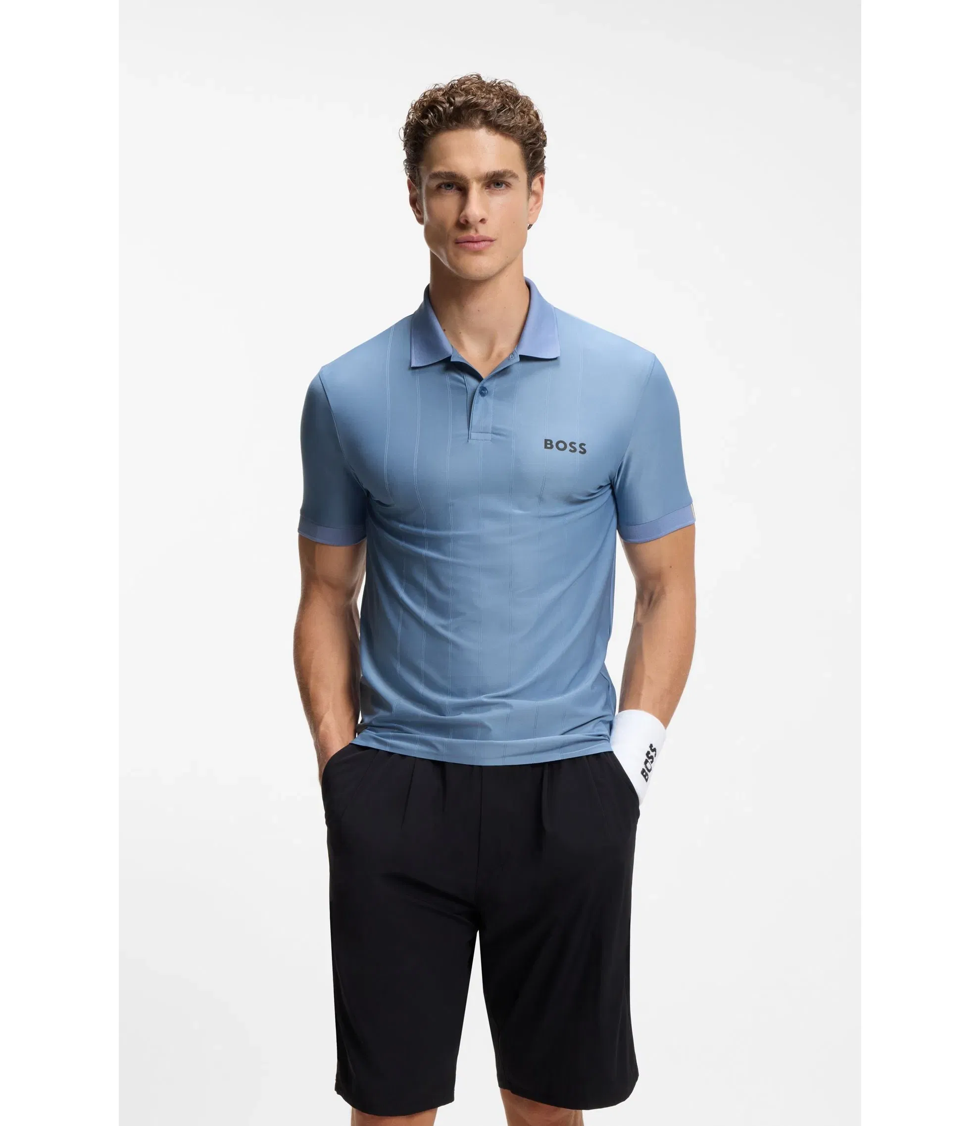 Boss Active Stripe Jersey Slim Fit Polo Shirt With Four Way Stretch Light Blue