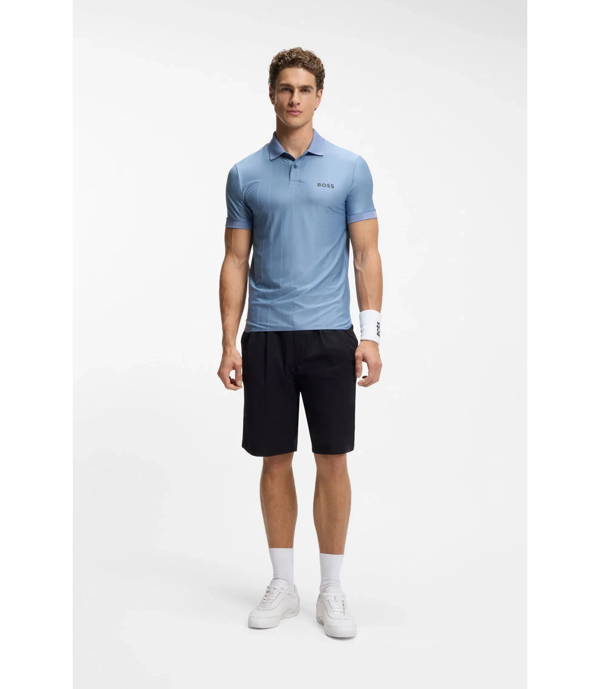Boss Active Stripe Jersey Slim Fit Polo Shirt With Four Way Stretch Light Blue
