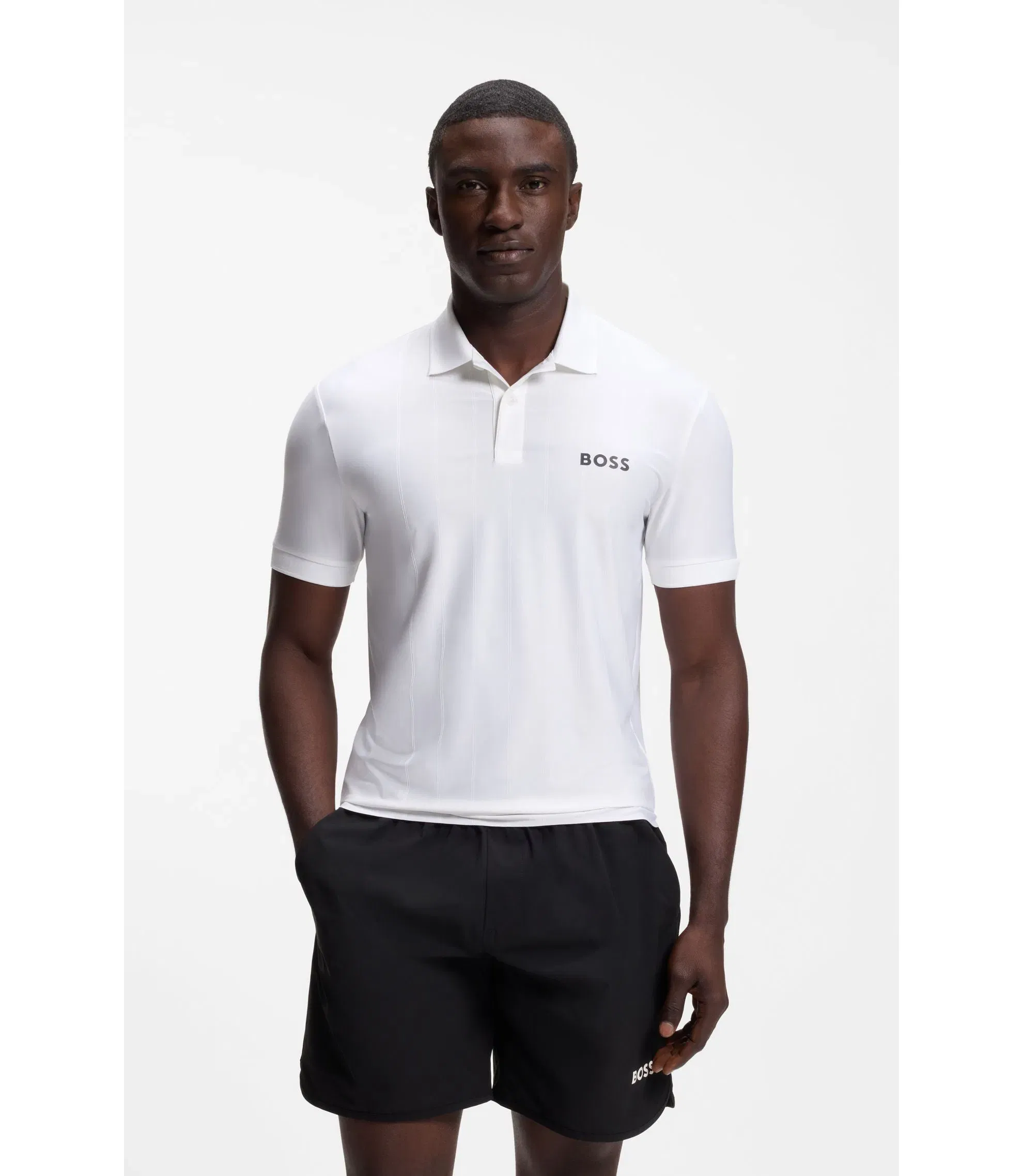 Boss Active Stripe Jersey Slim Fit Polo Shirt With Four Way Stretch White