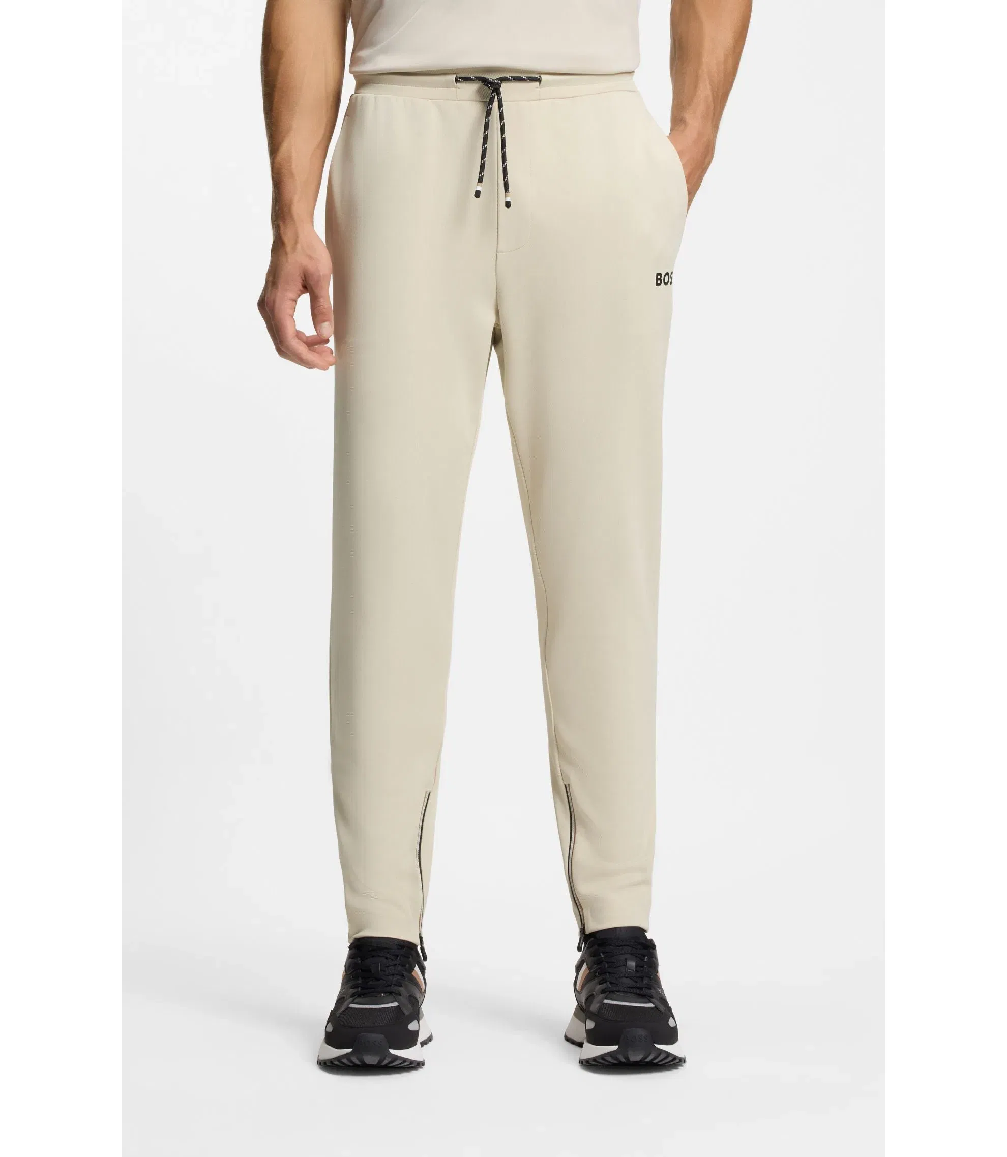 Boss Active Stretch Gabardine Tracksuit Bottoms With Zipped Hems Light Beige