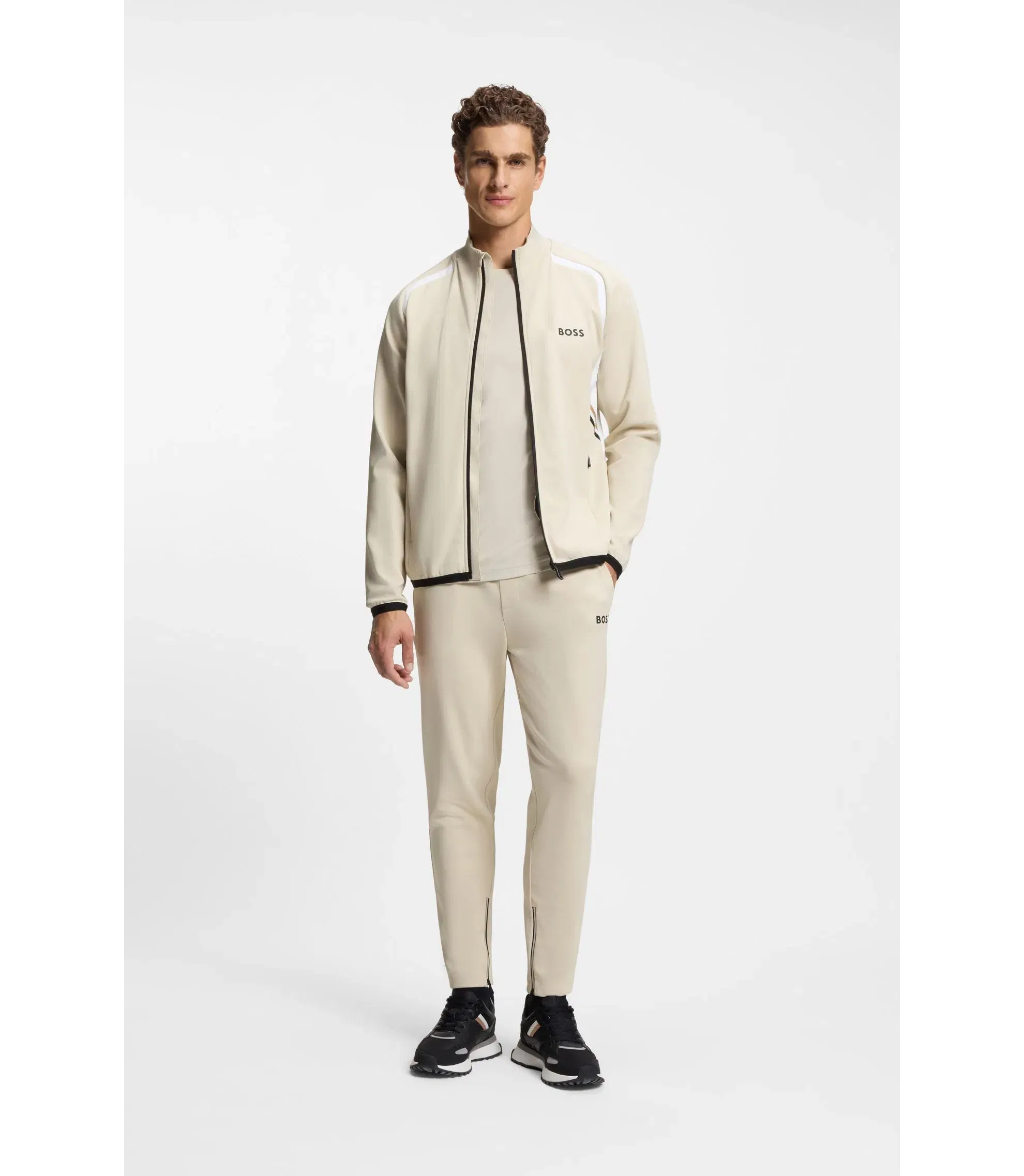 Boss Active Stretch Gabardine Tracksuit Bottoms With Zipped Hems Light Beige