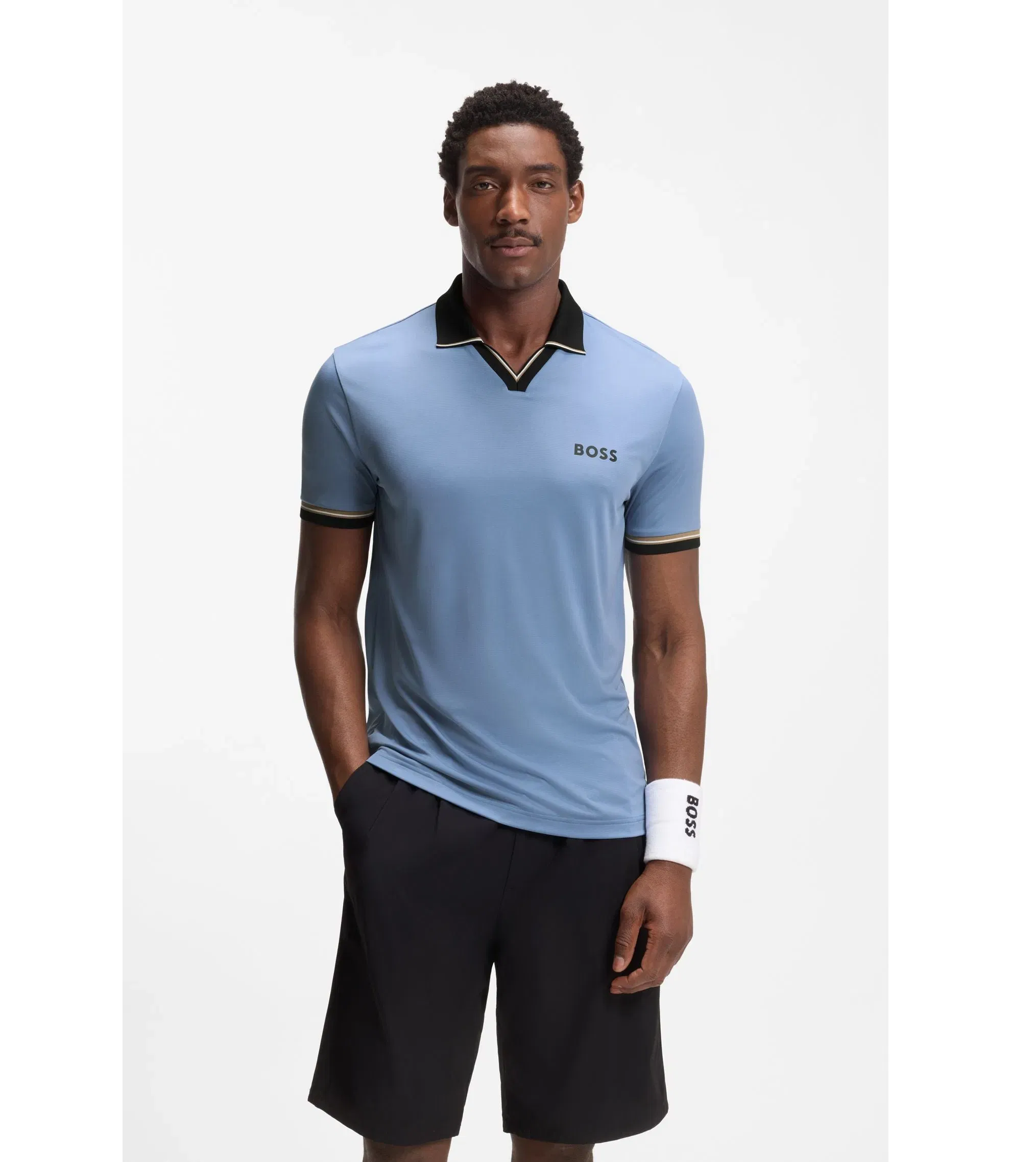 Boss Active Slim Fit Polo Shirt With Signature Stripe Details Light Blue