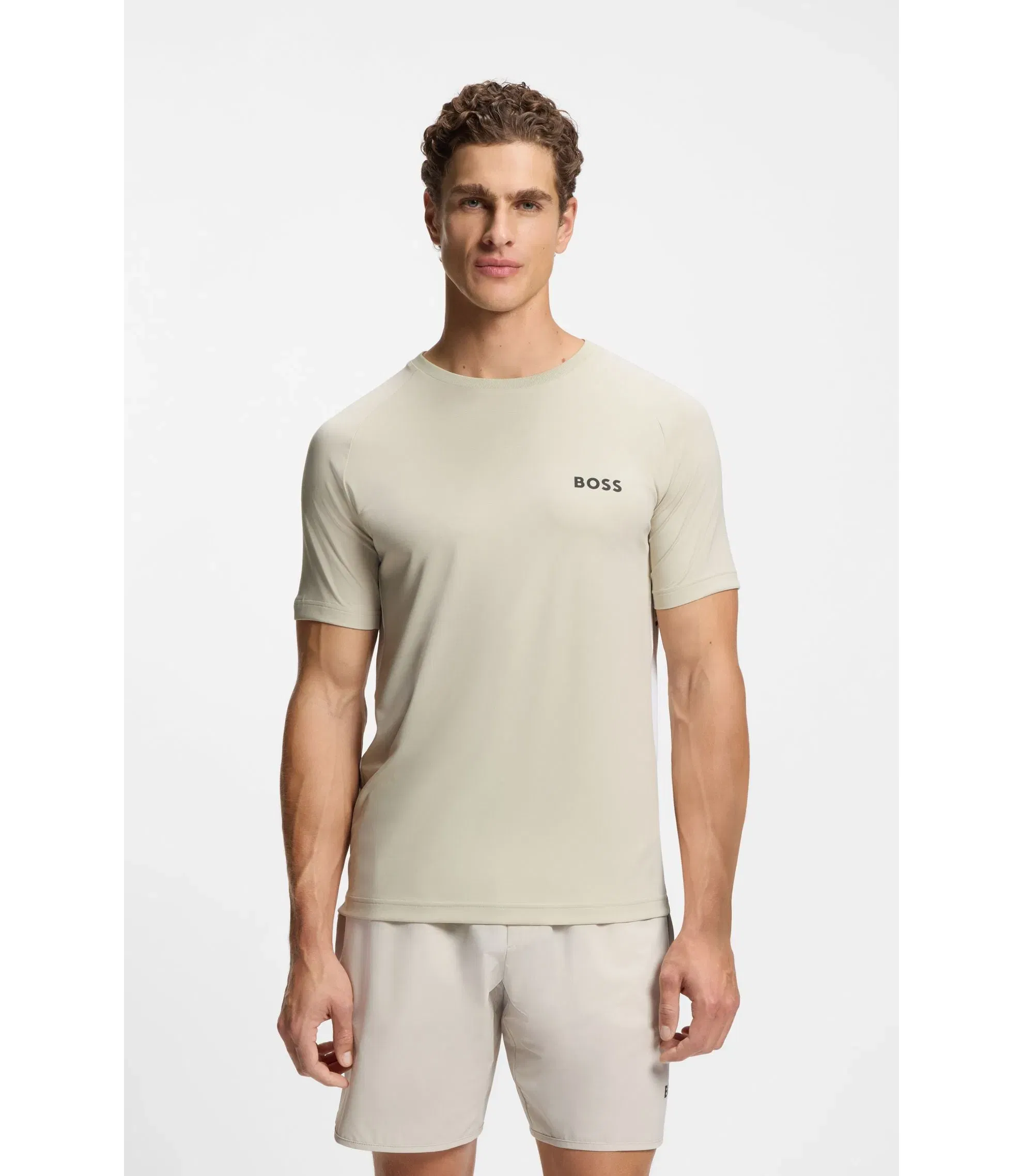 Boss Active Quick Dry Slim Fit T-Shirt With Four Way Stretch Light Beige