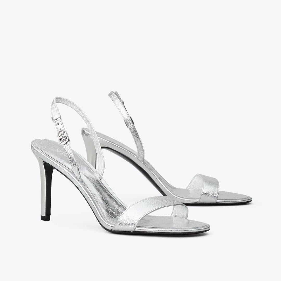 Tory Burch Double T Buckle Heel Sandal SHINY SILVER