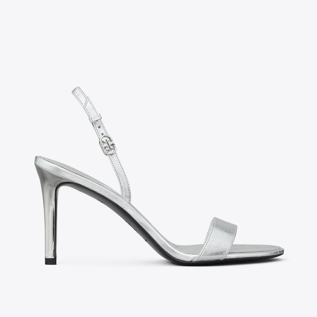 Tory Burch Double T Buckle Heel Sandal SHINY SILVER