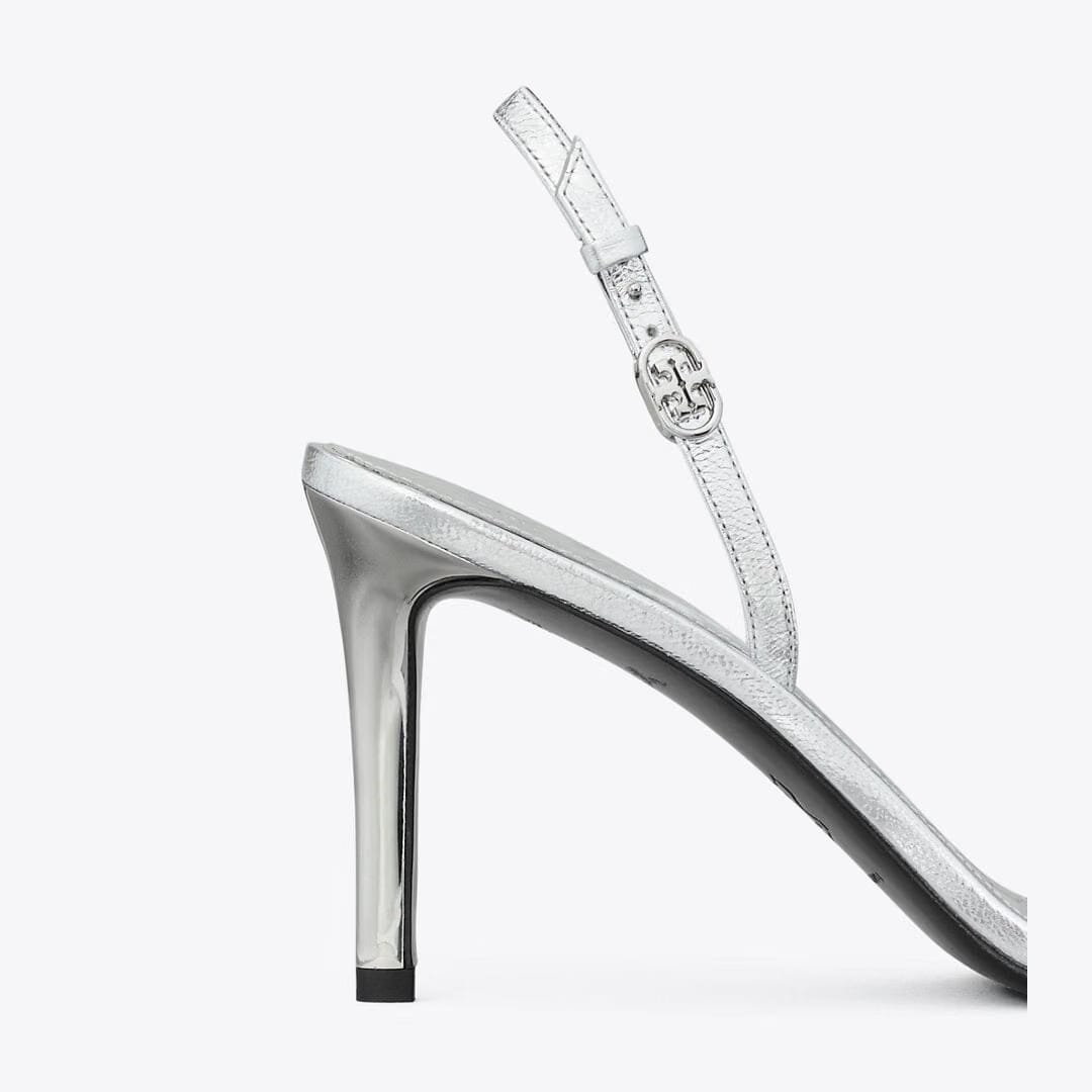 Tory Burch Double T Buckle Heel Sandal SHINY SILVER