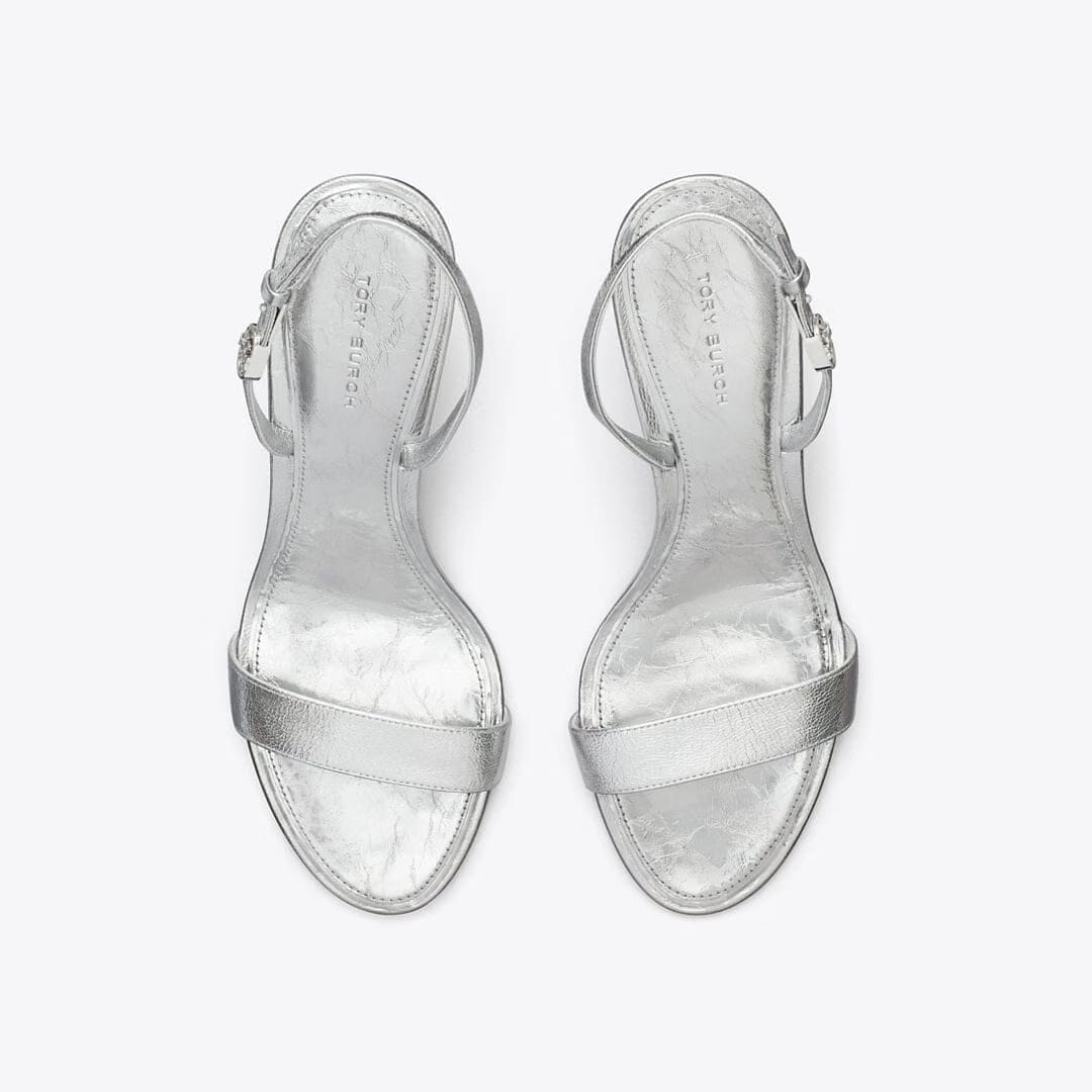 Tory Burch Double T Buckle Heel Sandal SHINY SILVER