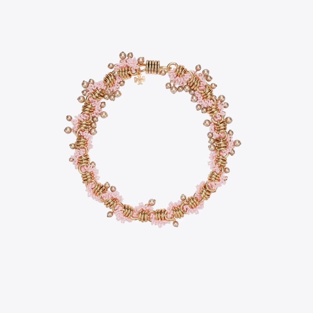 Tory Burch Runway Beaded Necklace Light Brass / Pink