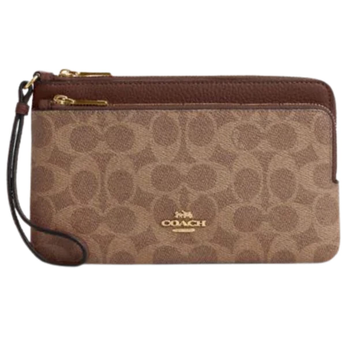 Coach Double Zip Wallet In Signature Canvas Gold Tan Brown