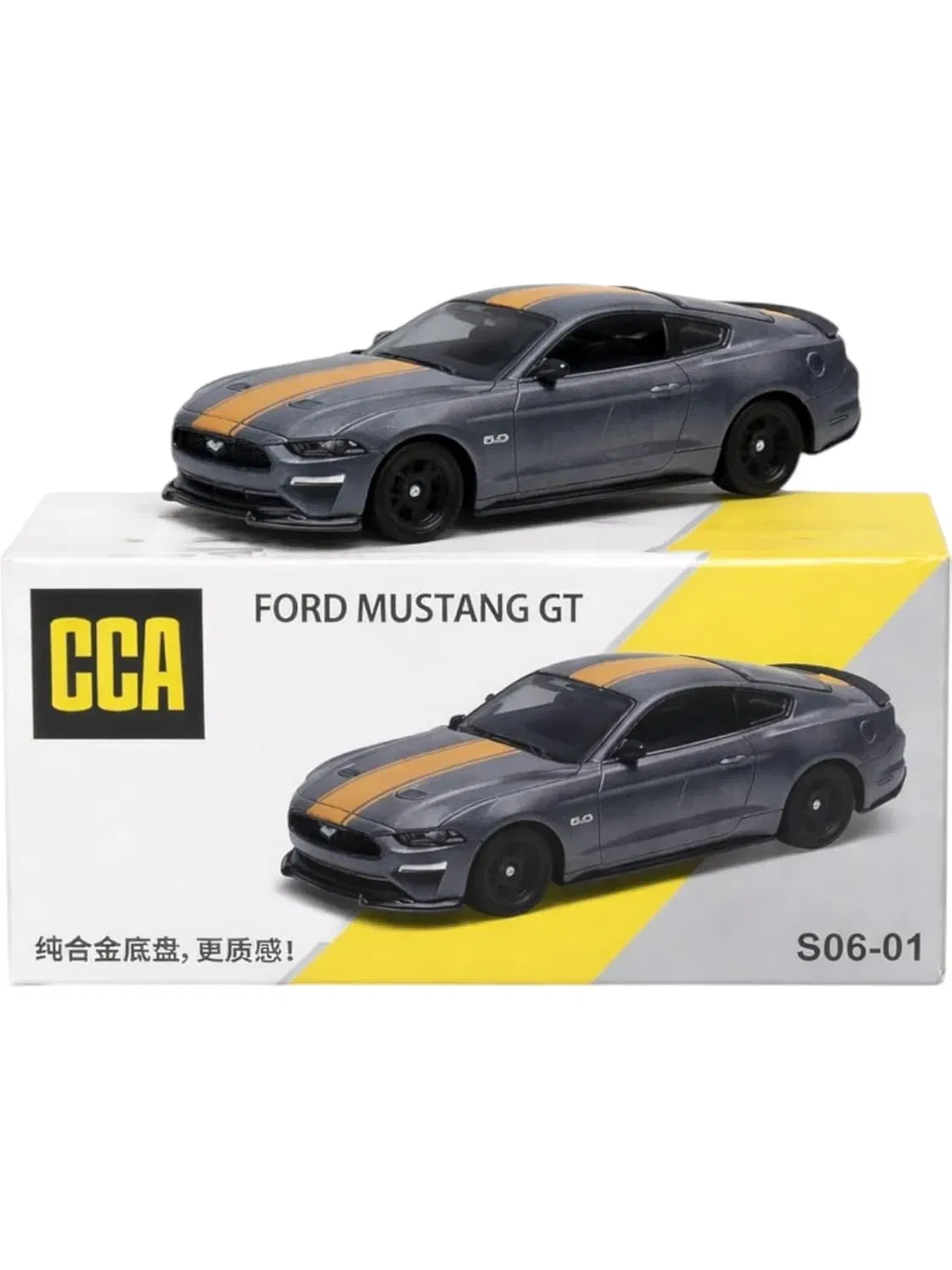 CCA Ford Mustang GT 2018 Die-Cast Model Car, 1:64 Scale, Alloy Shell and Chassis, Grey with Yellow Stripes, S06-01, Collectible Car