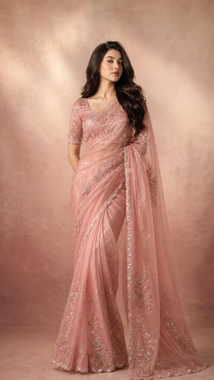 Rosé Whisper Organza Saree With Delicate Sequin Embroidery