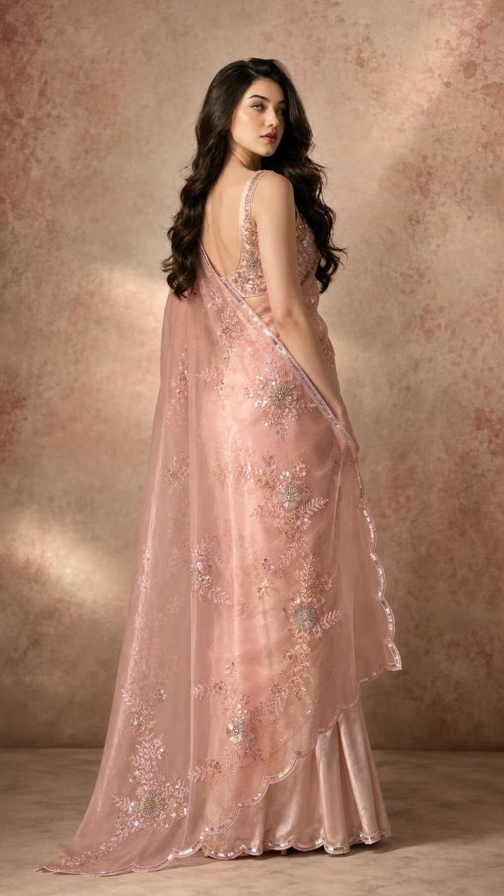 Rosé Whisper Organza Saree With Delicate Sequin Embroidery