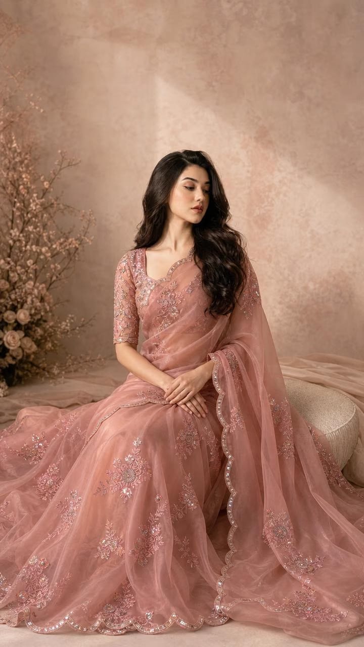 Rosé Whisper Organza Saree With Delicate Sequin Embroidery