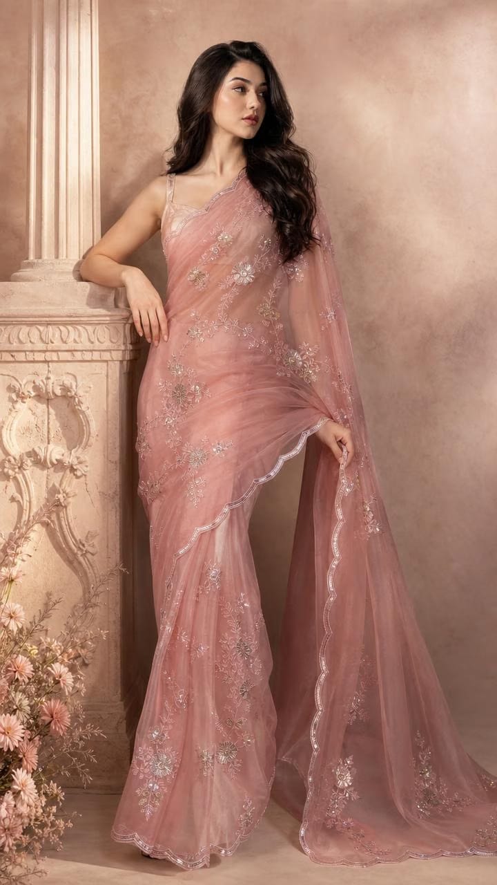 Rosé Whisper Organza Saree With Delicate Sequin Embroidery
