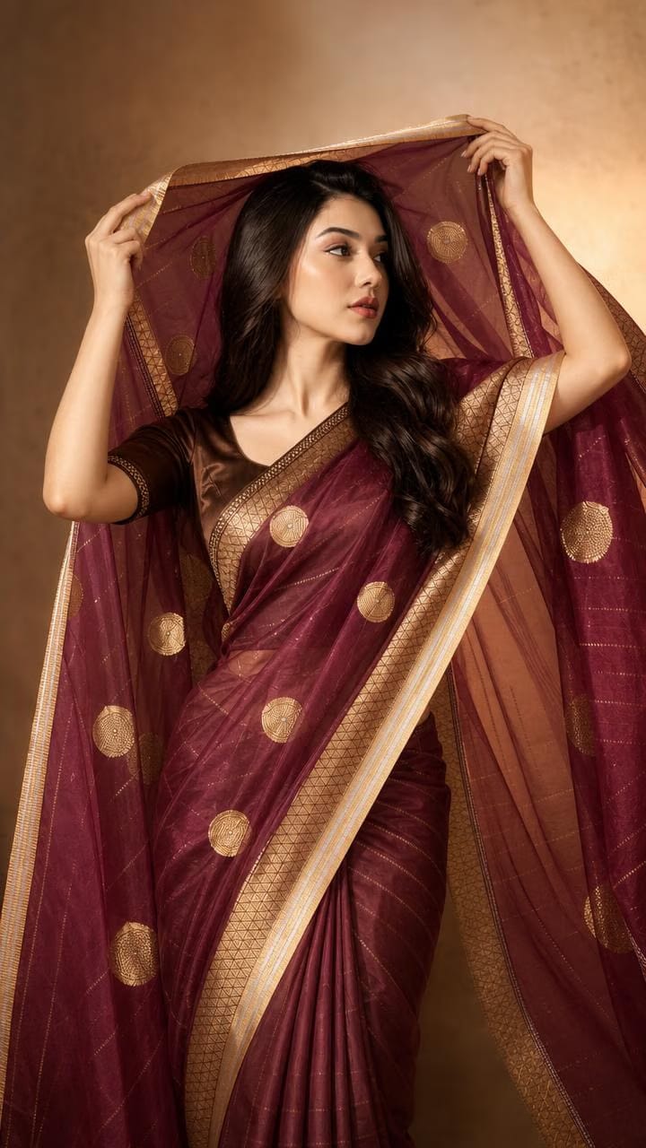 Vintage Wine Tissue Silk Saree With Antique Gold Zari