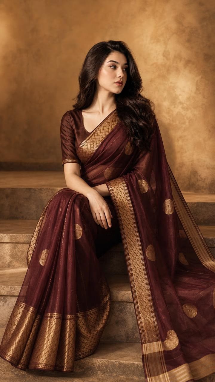 Vintage Wine Tissue Silk Saree With Antique Gold Zari