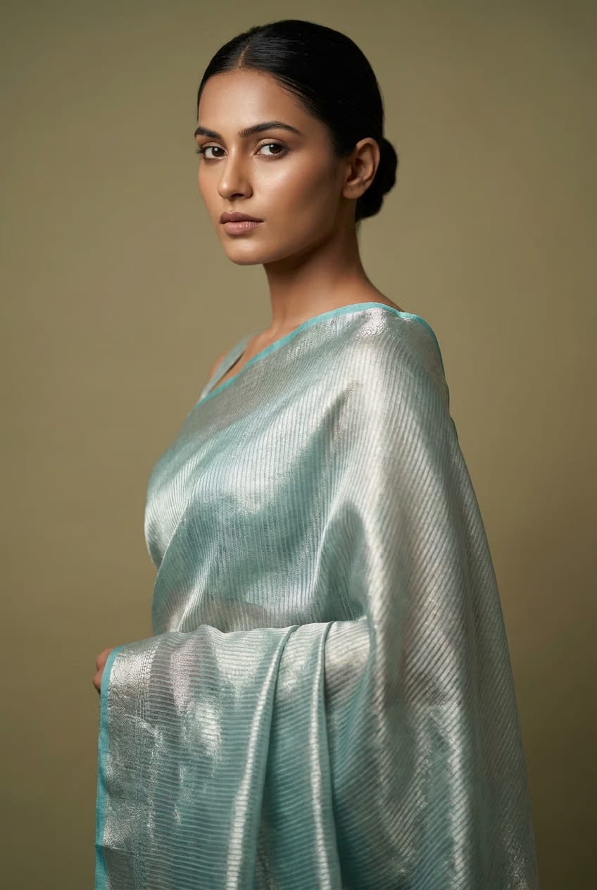 Celeste Silver Tissue Saree With Aqua Border