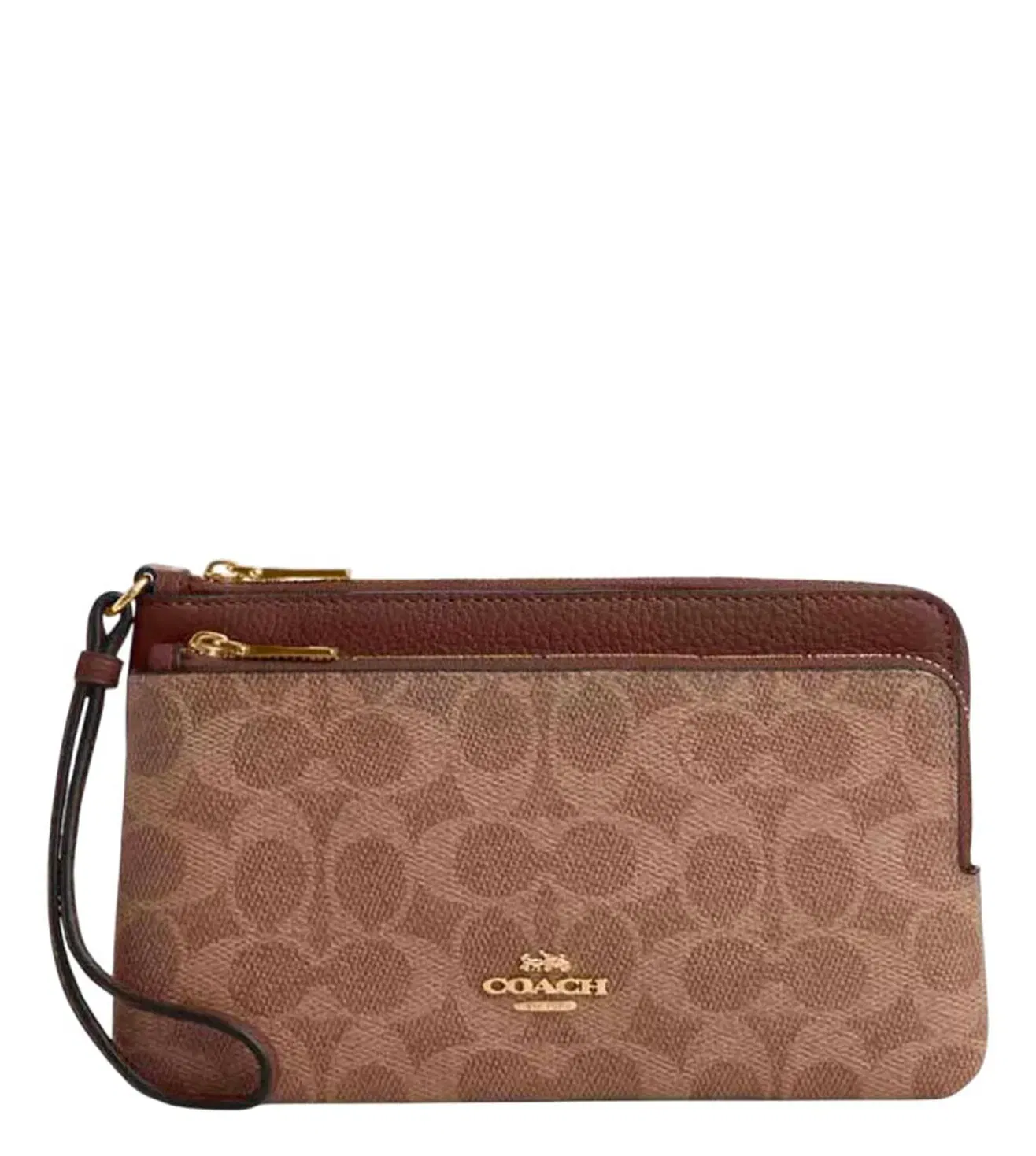 Coach Brown Signature Double Zip Brown Wristlet