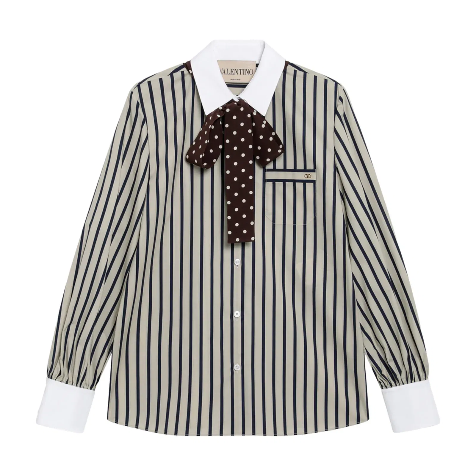 Striped Cotton Shirt With Scarf In Beige And Blue