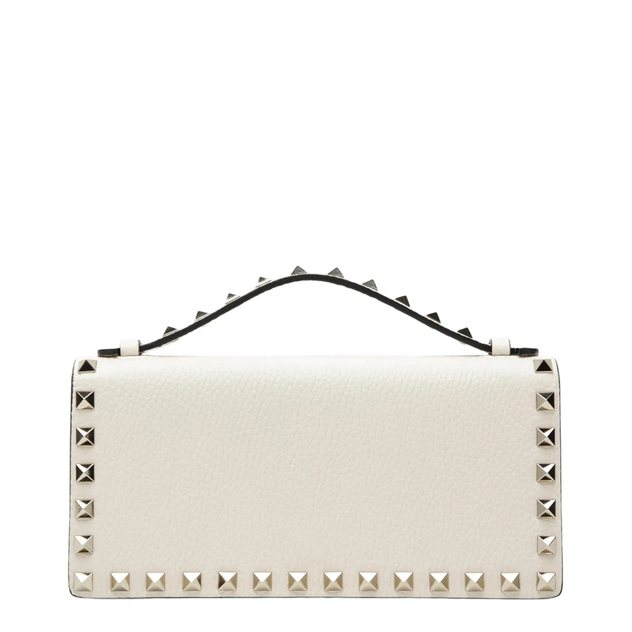 Rockstud Grainy Calfskin Wallet On Chain - Light Ivory