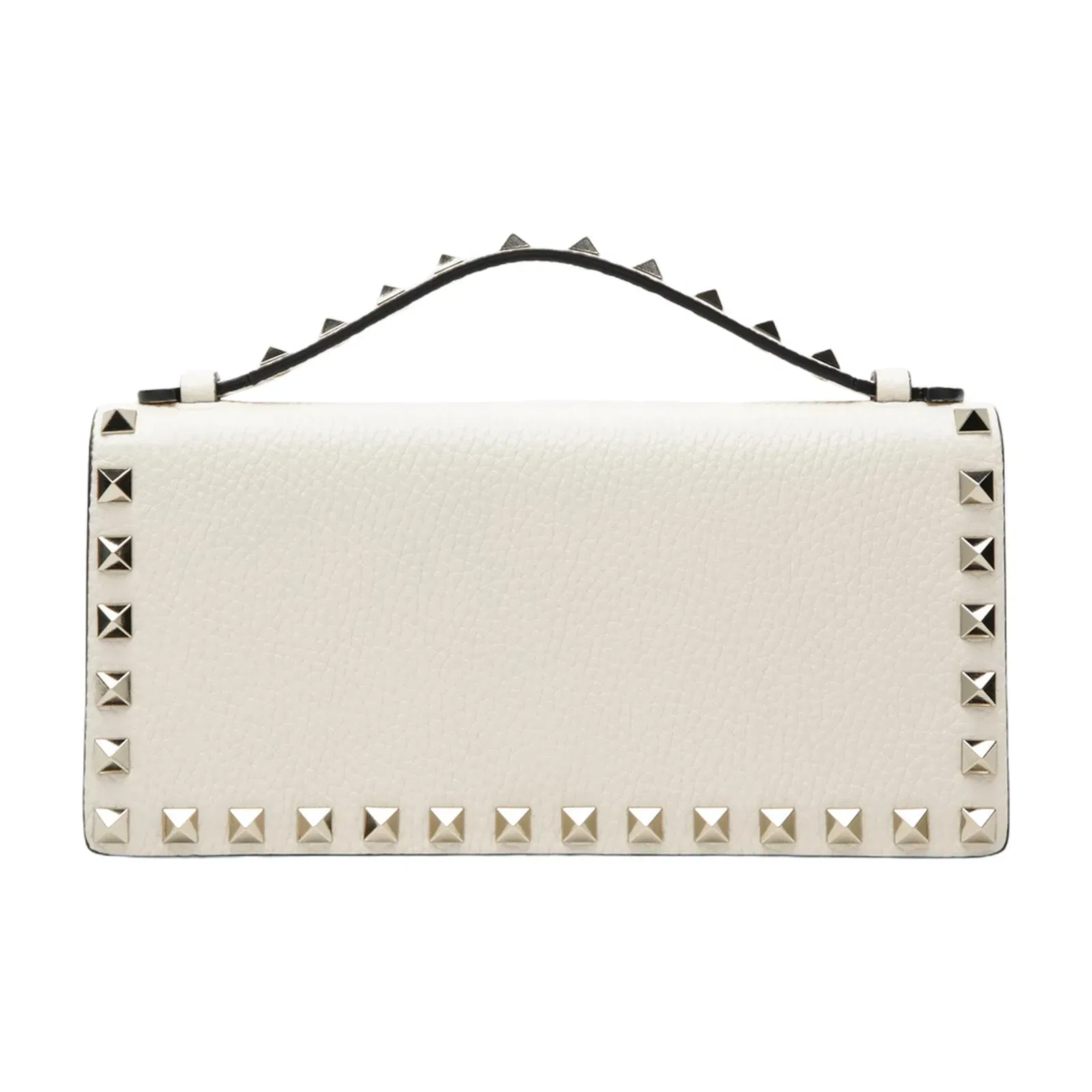 Rockstud Grainy Calfskin Wallet On Chain - Light Ivory