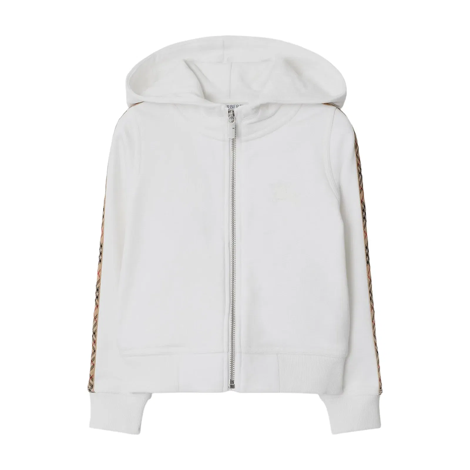 White Zip Hoodie With Check Trims