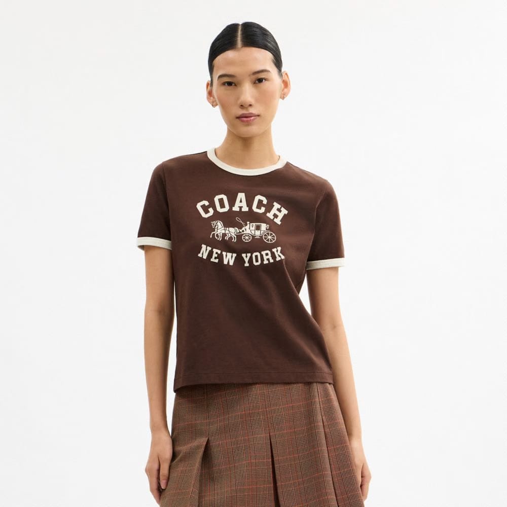 Coach Horse And Carriage Ringer T-Shirt In Organic Cotton Brown