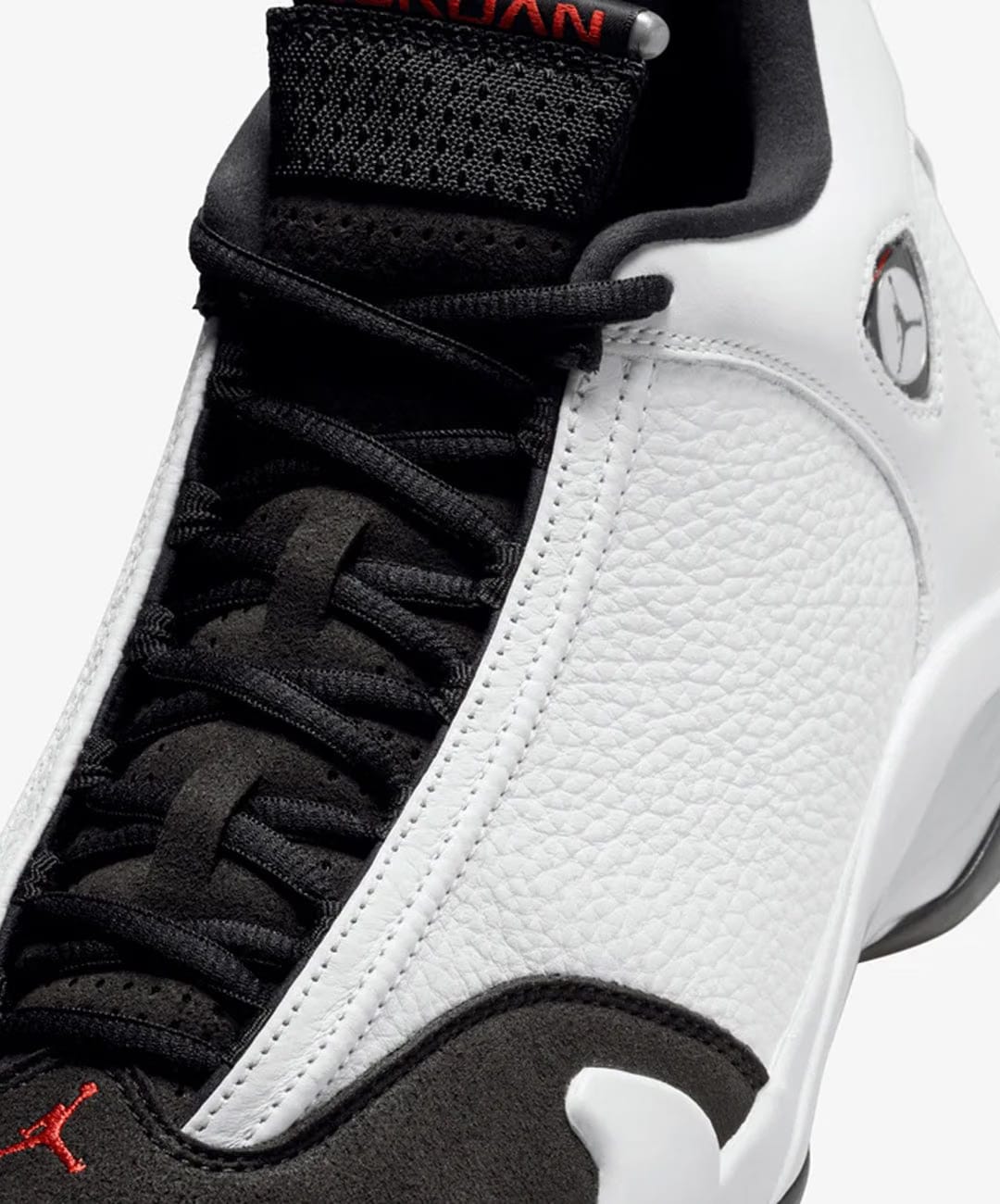 JORDAN | AIR JORDAN 14 RETRO "BLACK TOE" { WHITE/VARSITY RED-BLACK-METALLIC SILVER