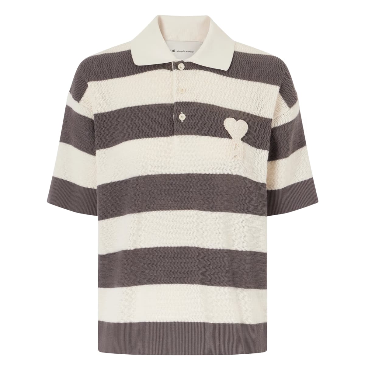 AMI PARIS Embroidered striped knitted cotton polo Cream T-shirt