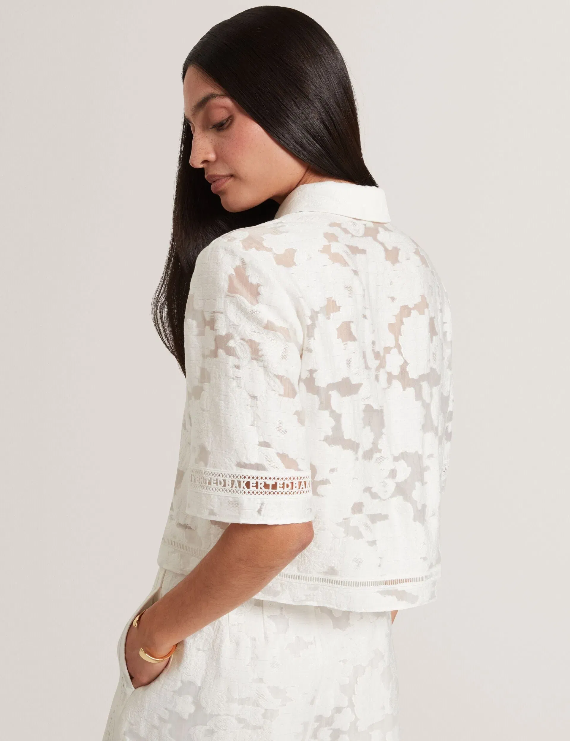 Ted Baker Khayt Burnout Floral Texture Cropped Shirt Women's