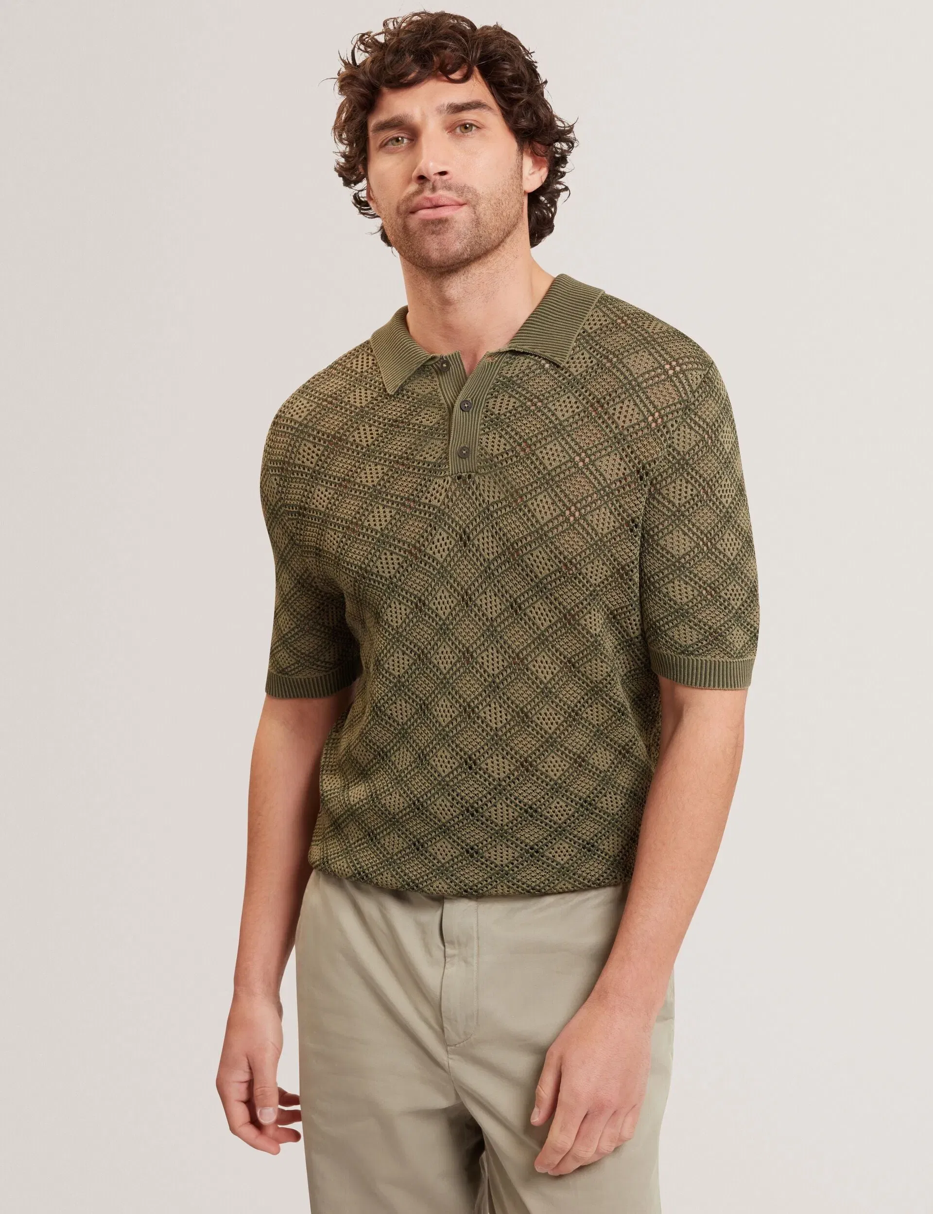 Ted Baker Helme Geometric Open Knit Short Sleeve Polo