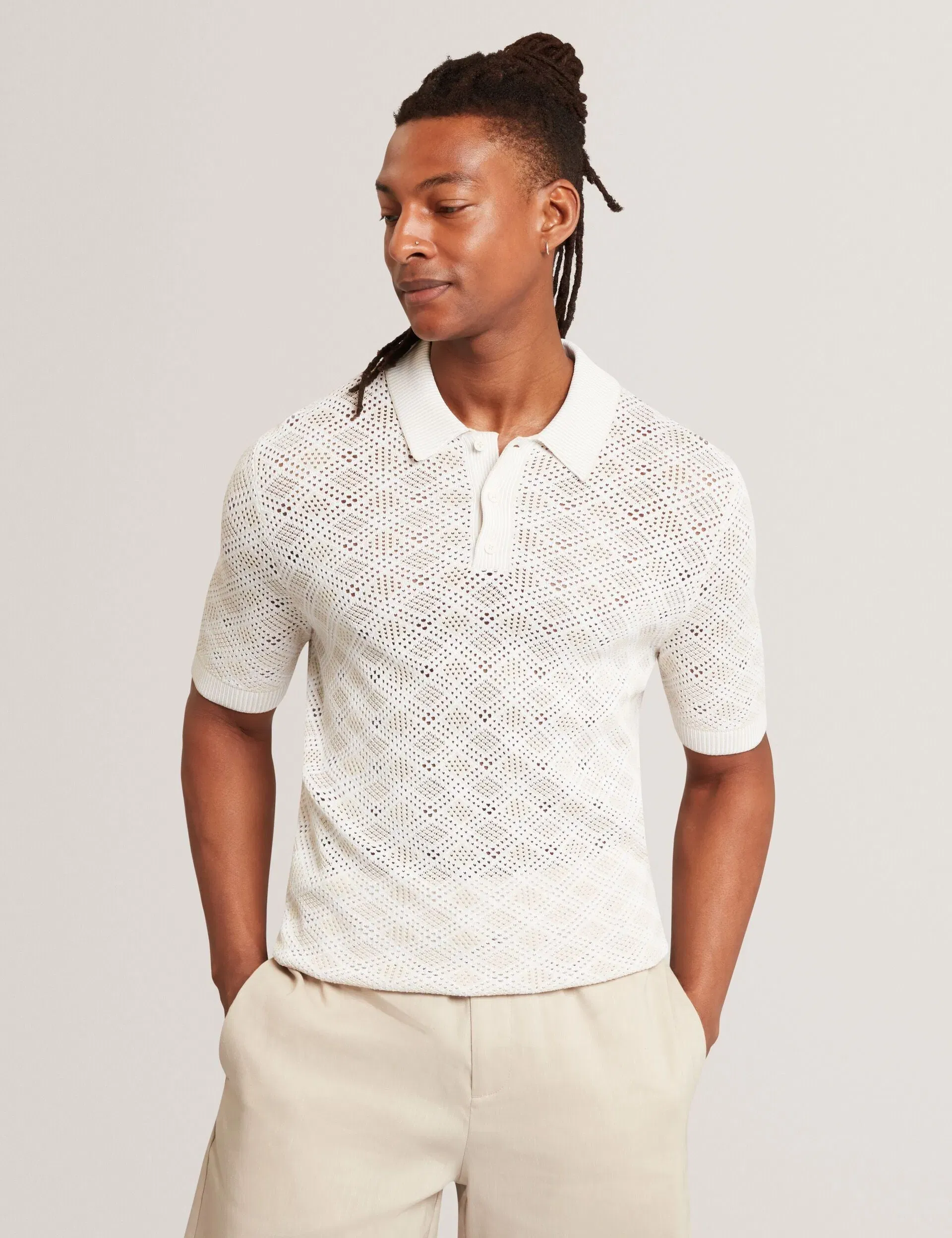 Ted Baker Helme Geometric Open Knit Short Sleeve Polo