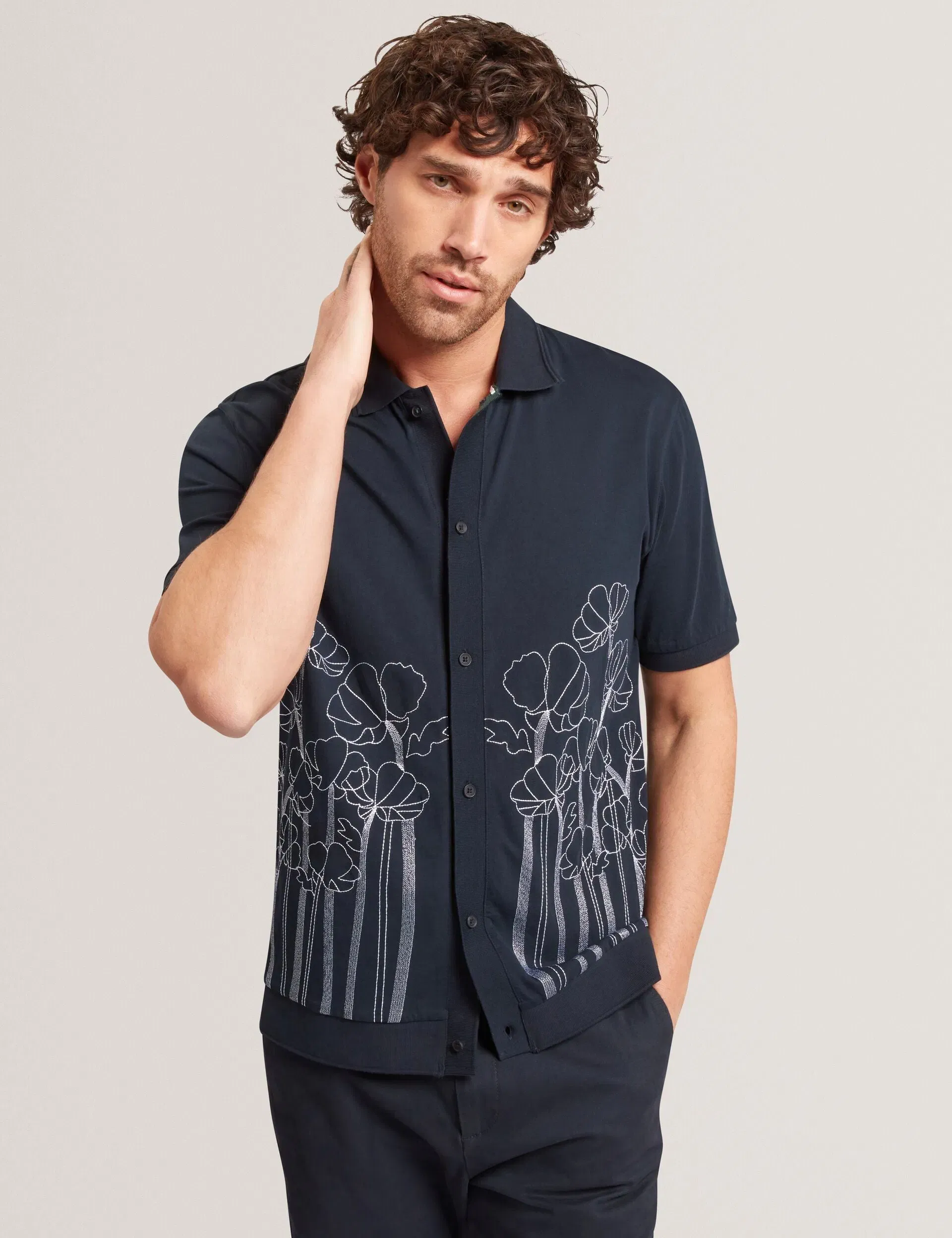 Ted Baker Actton Embroidered Floral Pure Cotton Knit Shirt