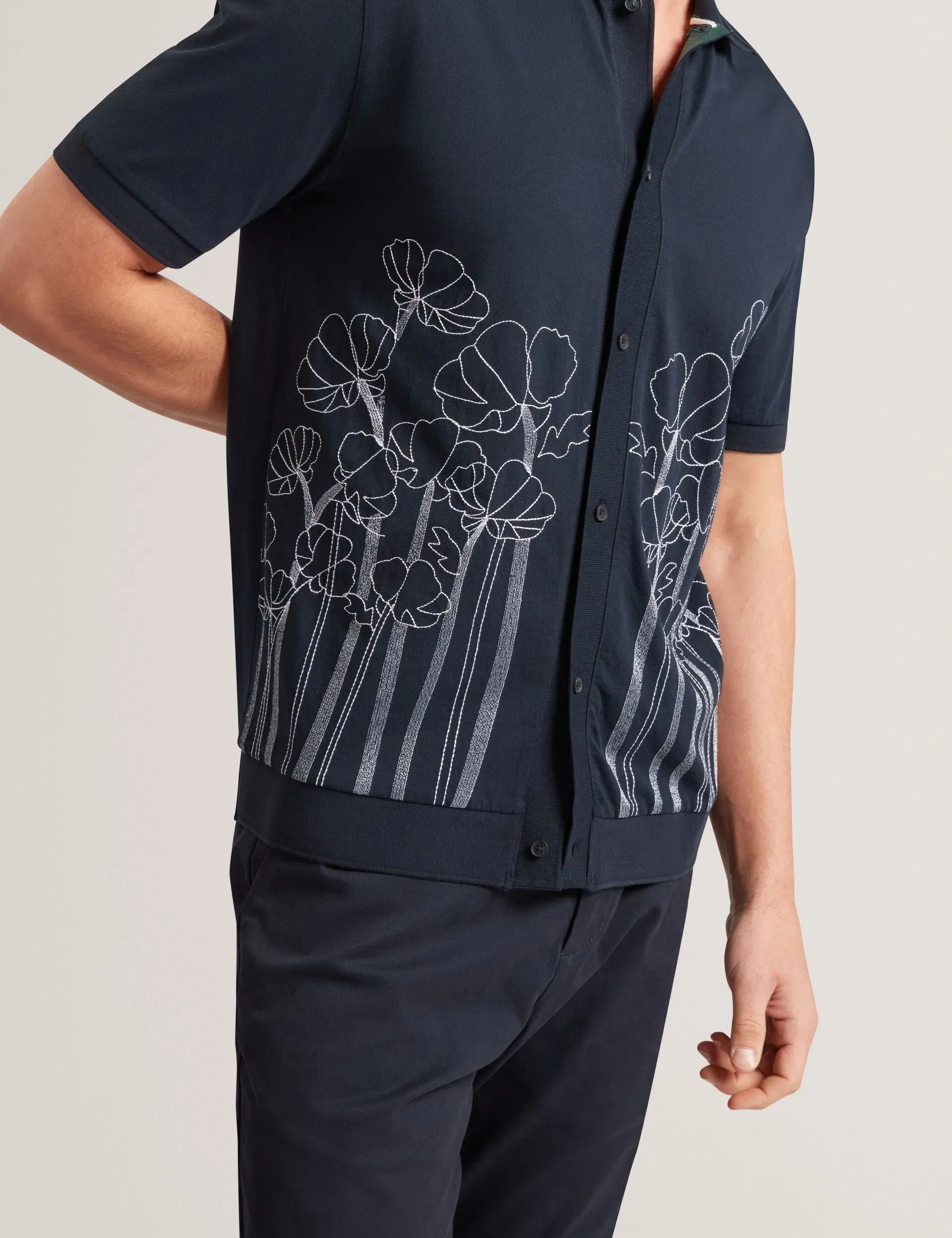 Ted Baker Actton Embroidered Floral Pure Cotton Knit Shirt