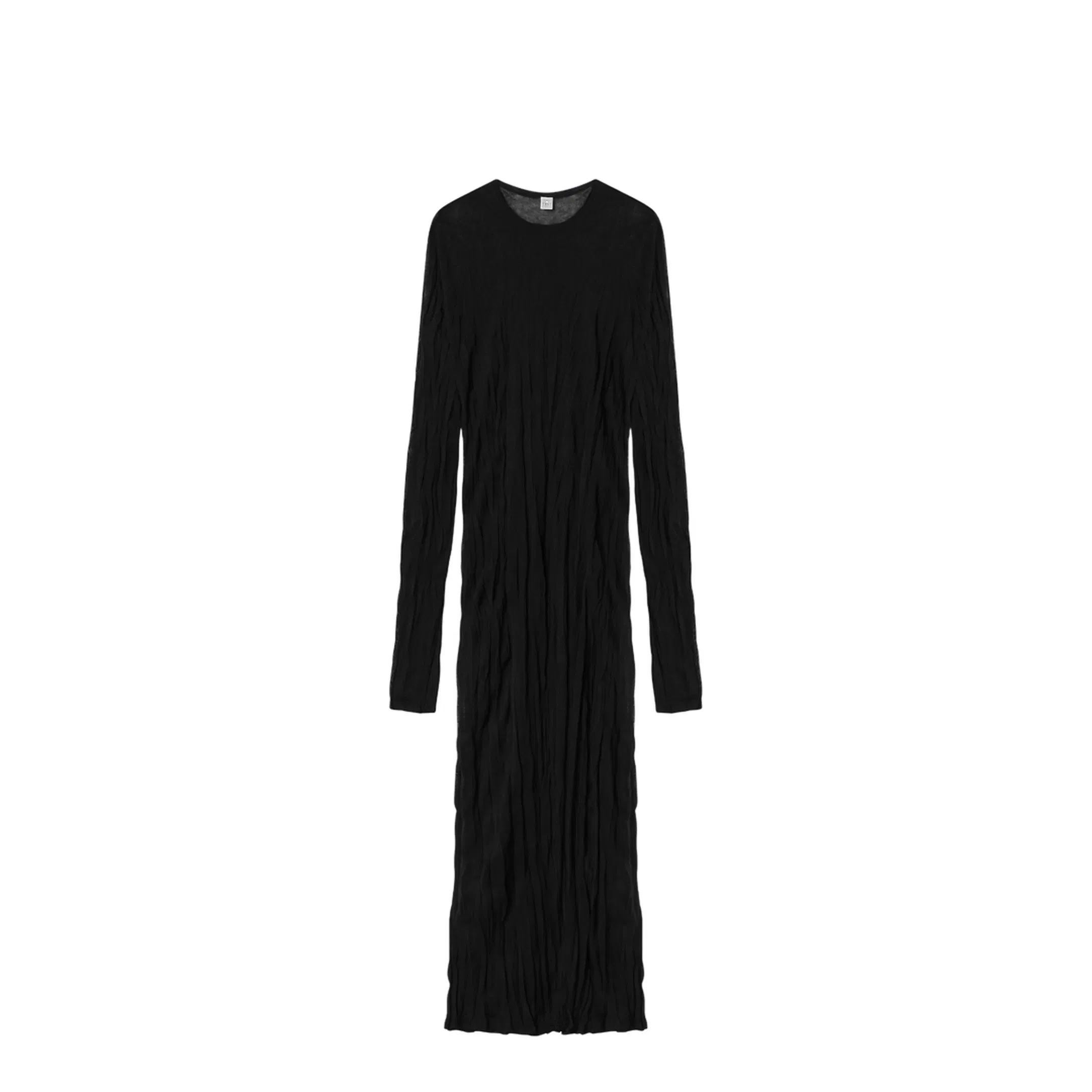 Crinkled Knit Maxi Dress With Long Sleeves In Black